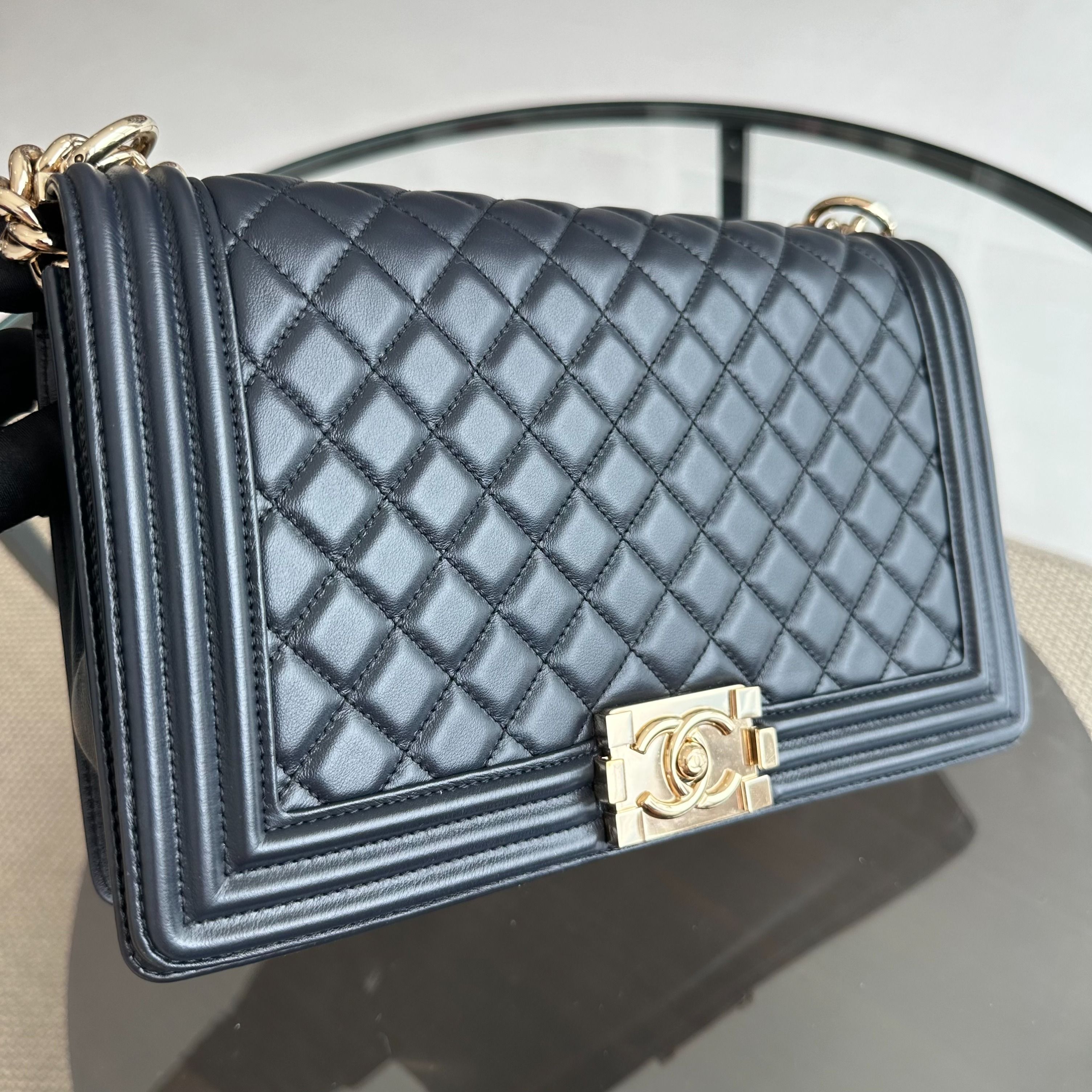 Chanel Boy Lambskin New Medium 28CM Dark Blue GHW No 25 - Luxury Evermore