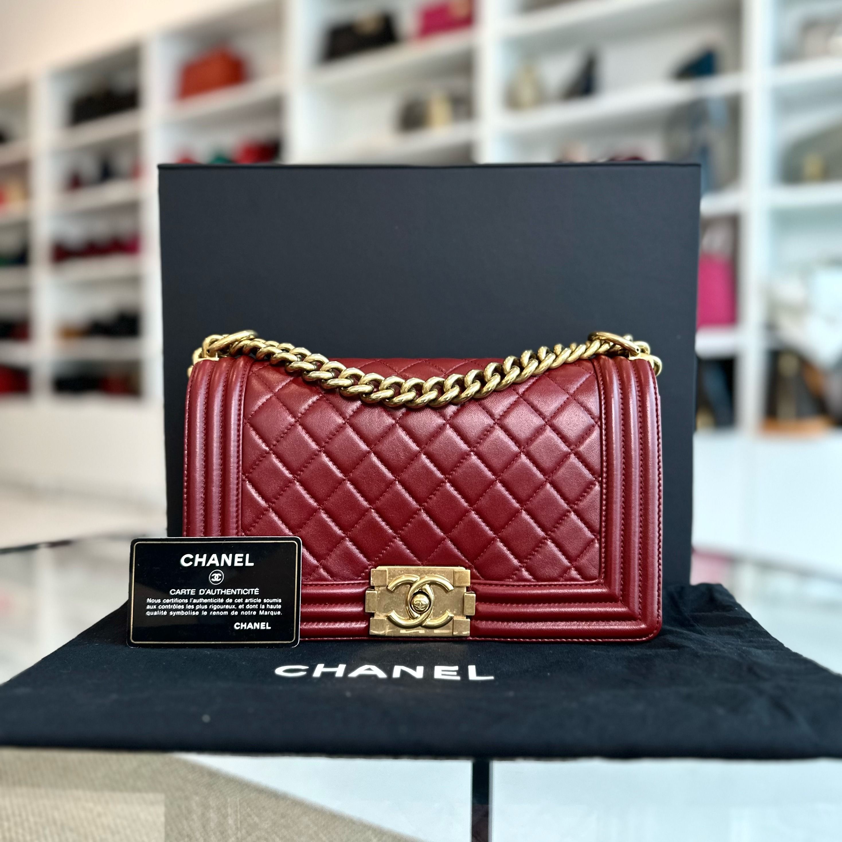 Chanel Boy Lambskin Old Medium 25CM Burgundy GHW No 21 - Luxury Evermore