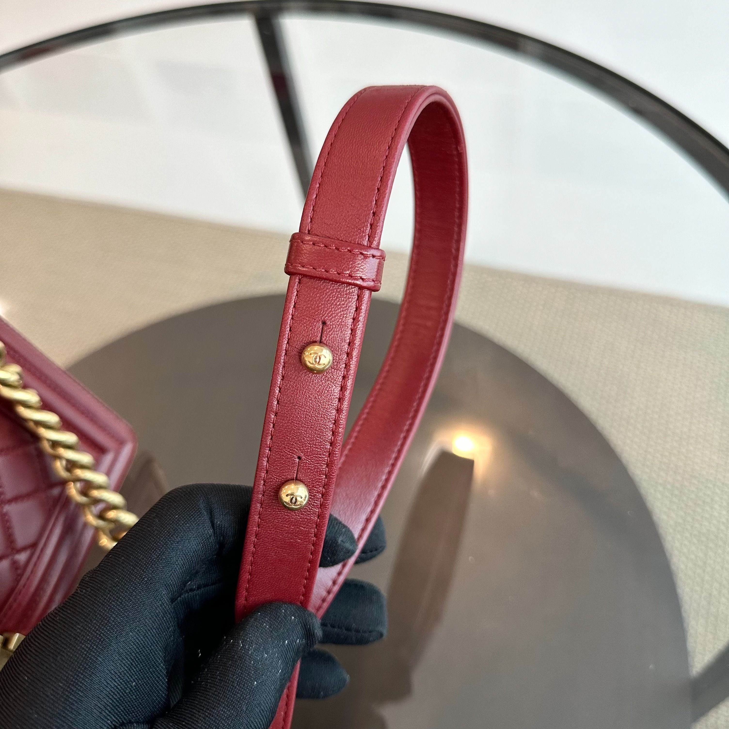 Chanel Boy Lambskin Old Medium 25CM Burgundy GHW No 21 - Luxury Evermore