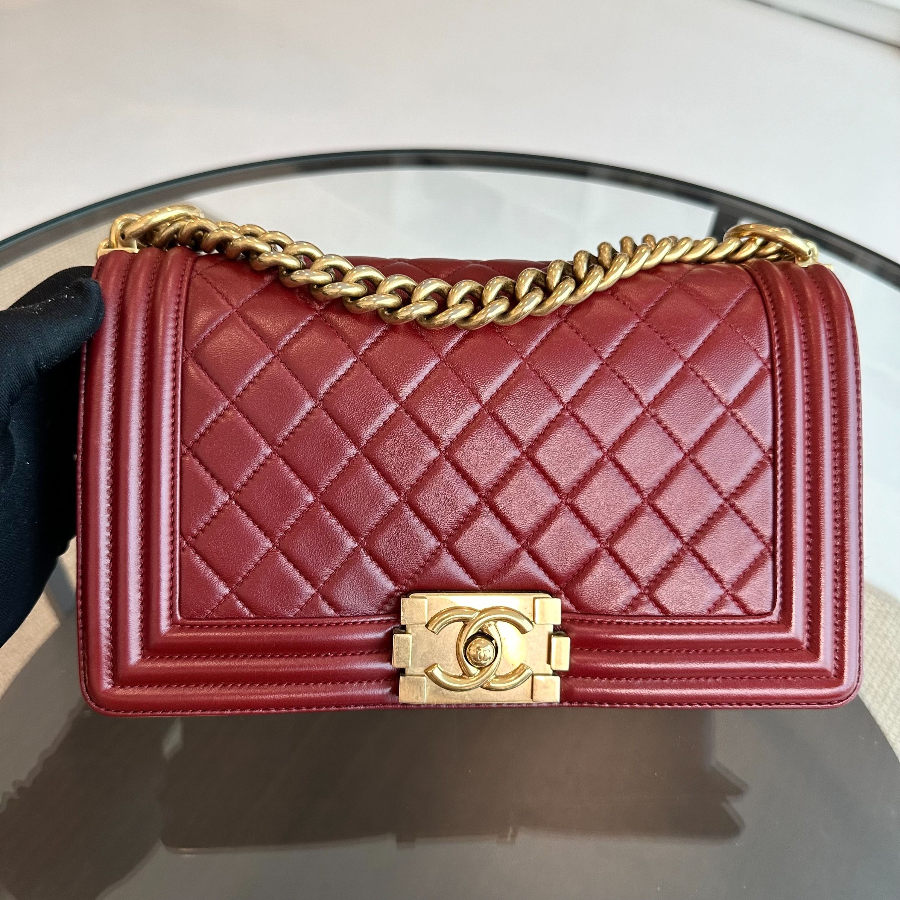 Chanel Boy Lambskin Old Medium 25CM Burgundy GHW No 21 - Luxury Evermore