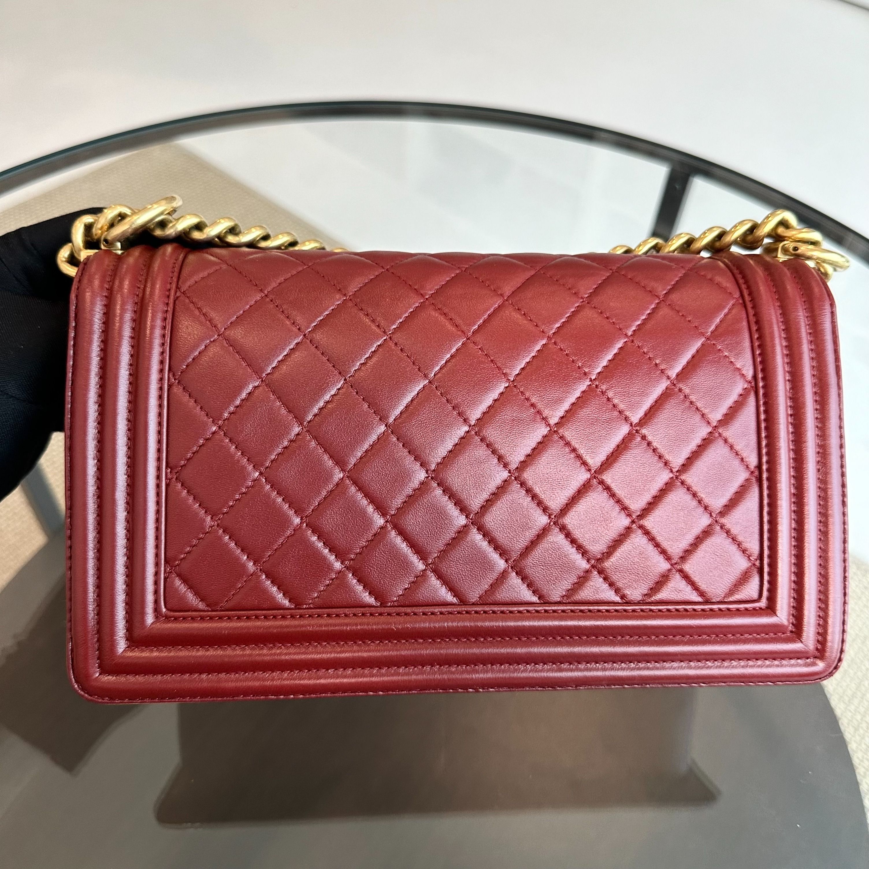 Chanel Boy Lambskin Old Medium 25CM Burgundy GHW No 21 - Luxury Evermore