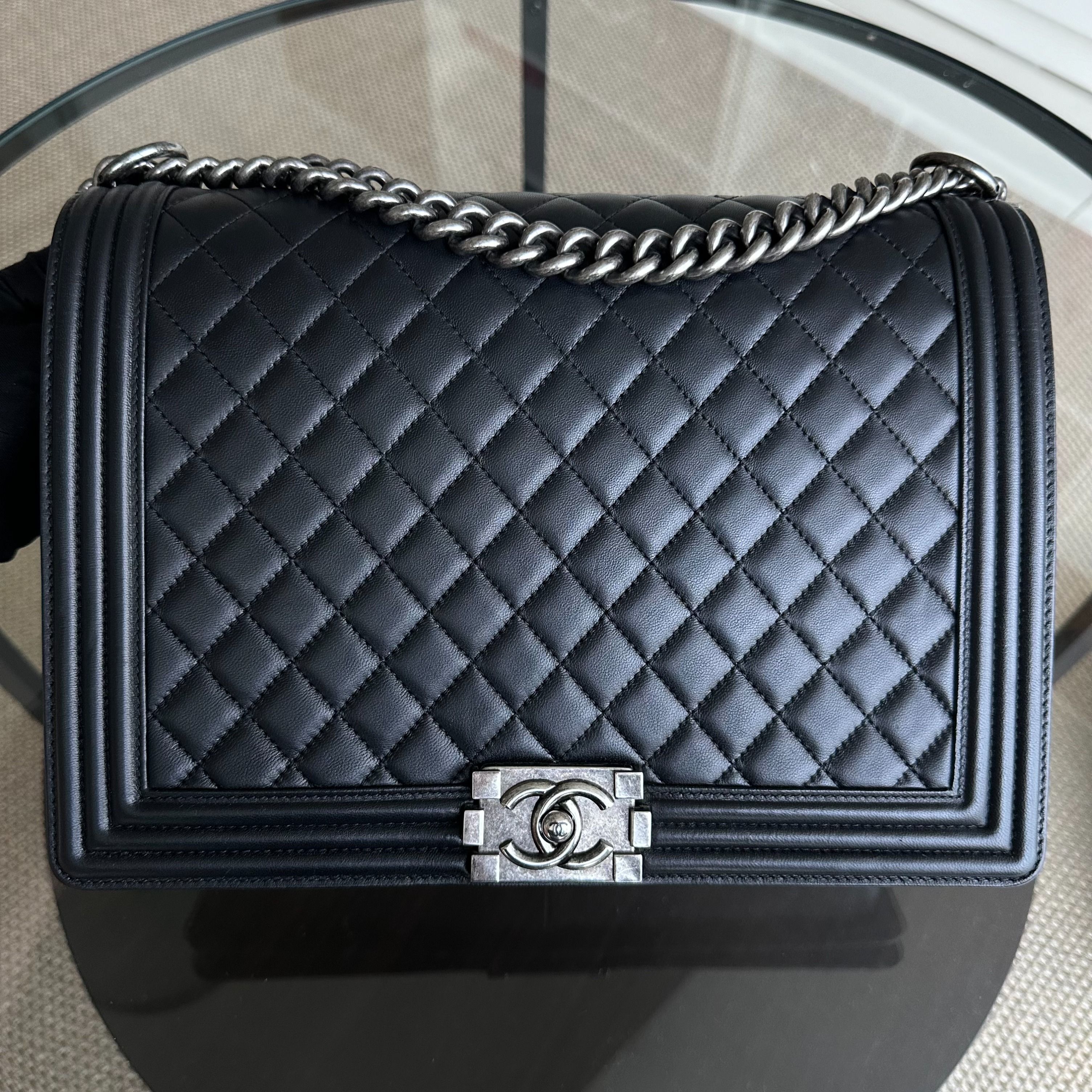 Chanel Boy Large 30CM Quilted Lambskin Black RSHW No 16 - Luxury Evermore