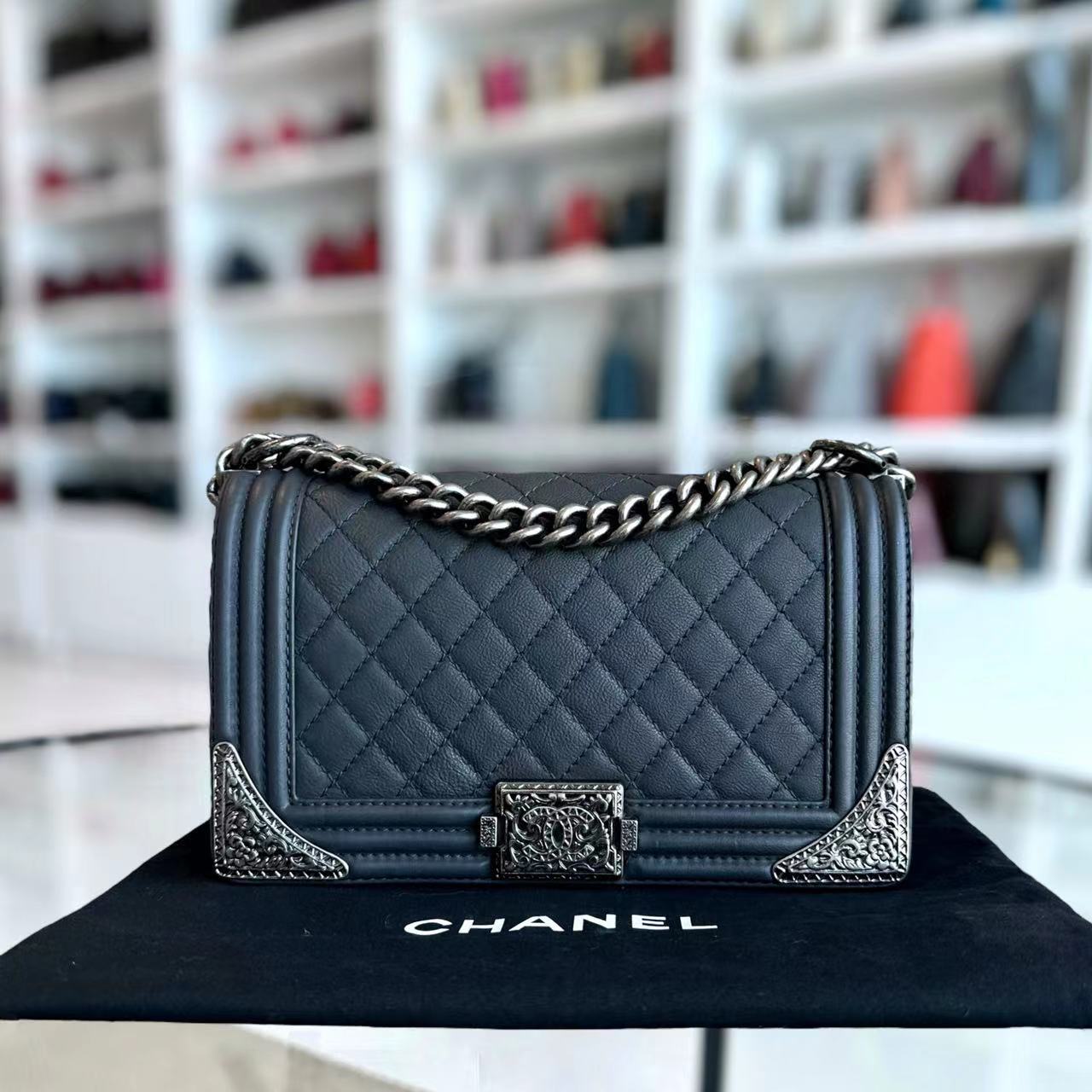 Chanel Boy Limited Edition Old Medium 25CM Quilted Grained Calfskin With Metal Edegs Grey Gray Leboy RSHW No 19 - Luxury Evermore