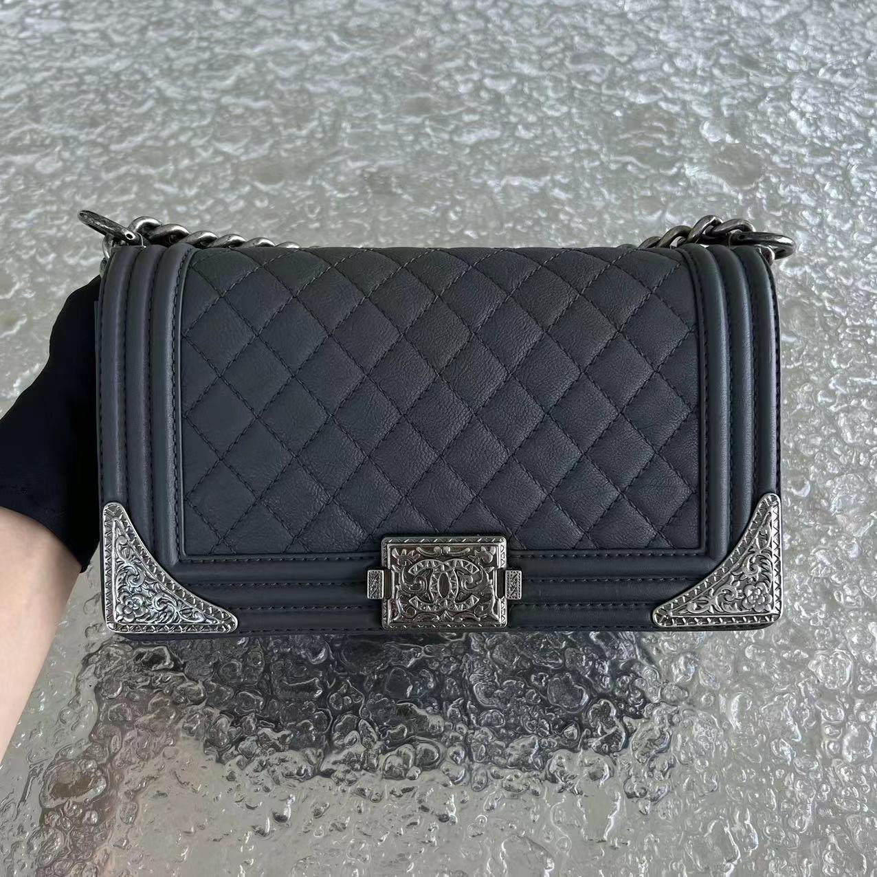 Chanel Boy Limited Edition Old Medium 25CM Quilted Grained Calfskin With Metal Edegs Grey Gray Leboy RSHW No 19 - Luxury Evermore