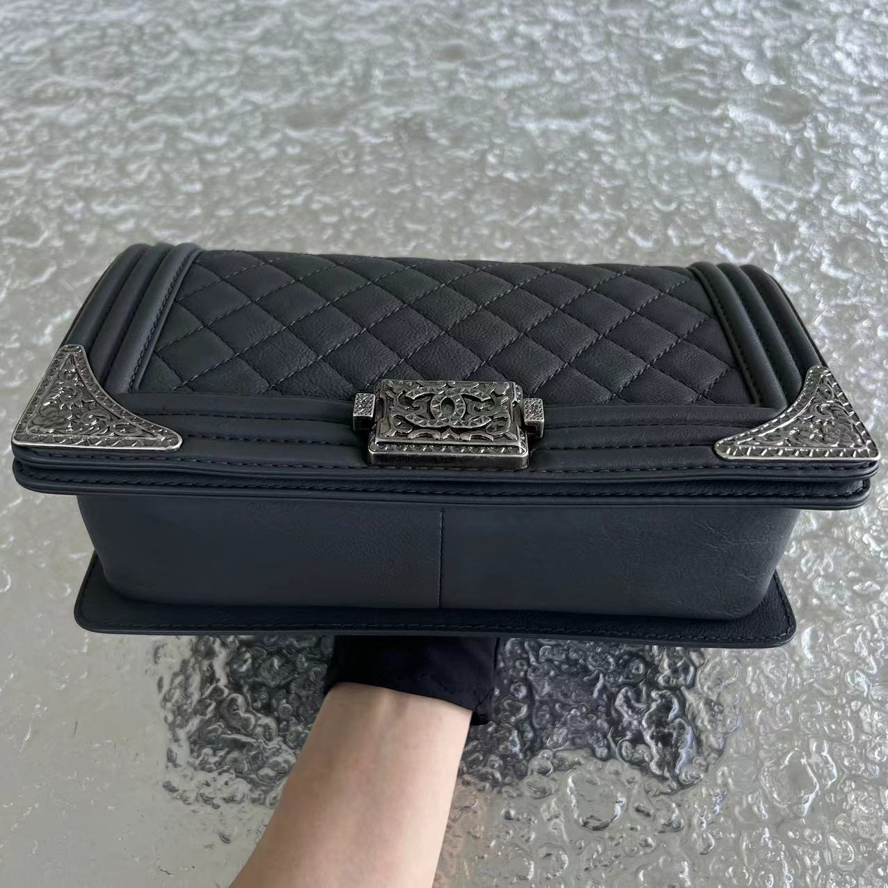 Chanel Boy Limited Edition Old Medium 25CM Quilted Grained Calfskin With Metal Edegs Grey Gray Leboy RSHW No 19 - Luxury Evermore