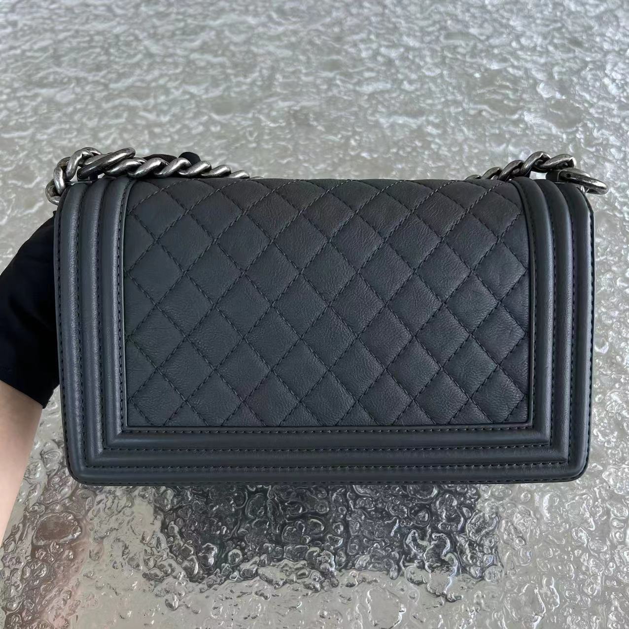 Chanel Boy Limited Edition Old Medium 25CM Quilted Grained Calfskin With Metal Edegs Grey Gray Leboy RSHW No 19 - Luxury Evermore