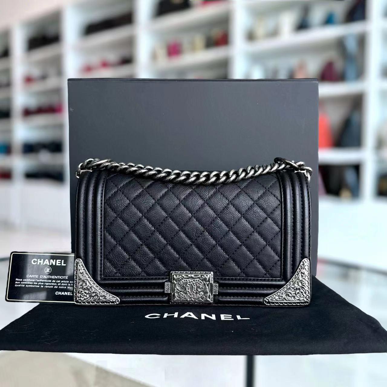 Chanel Boy Limited Edition Old Medium Quilted Grained Calfskin With Metal Edegs Black Leboy RSHW No 19 - Luxury Evermore