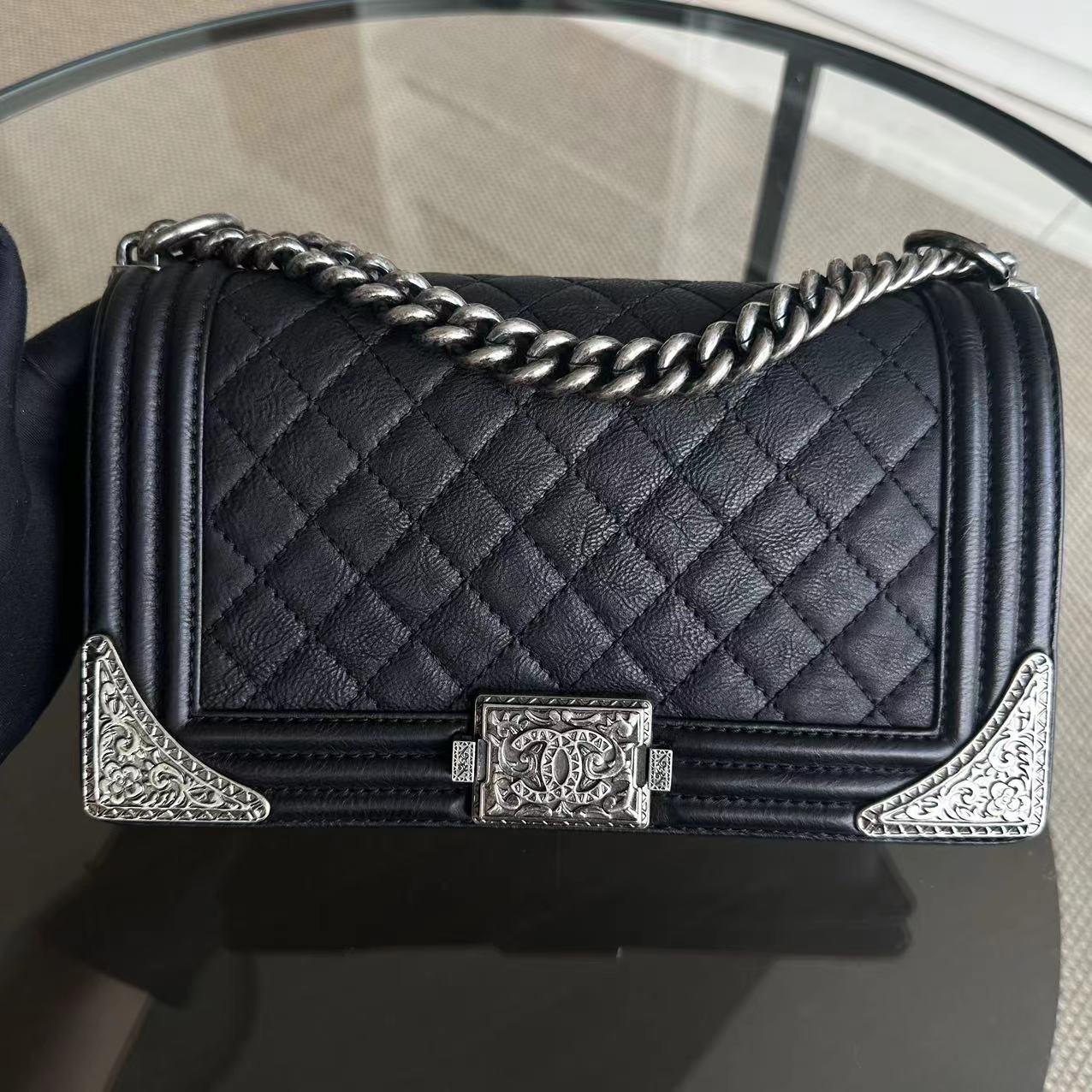 Chanel Boy Limited Edition Old Medium Quilted Grained Calfskin With Metal Edegs Black Leboy RSHW No 19 - Luxury Evermore