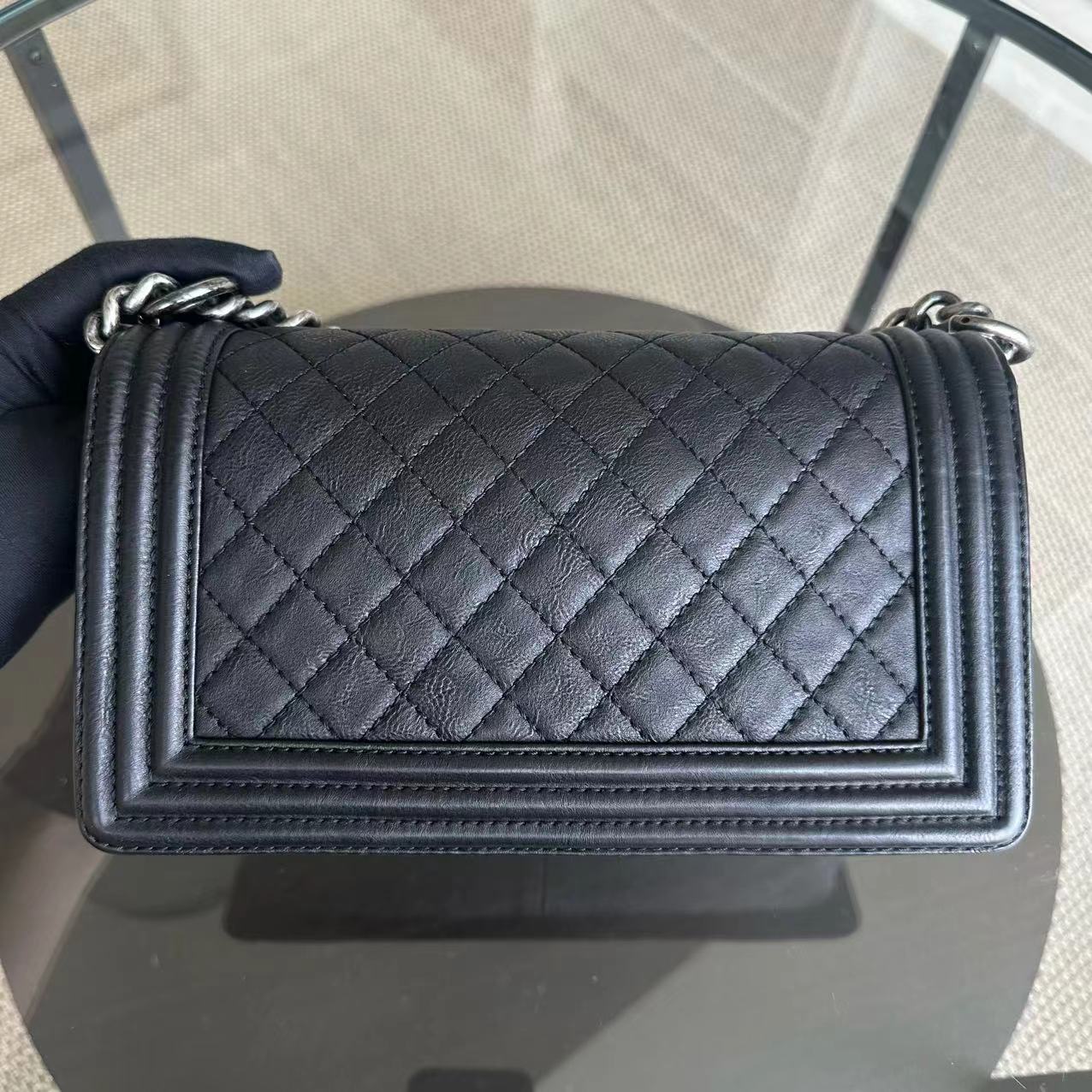 Chanel Boy Limited Edition Old Medium Quilted Grained Calfskin With Metal Edegs Black Leboy RSHW No 19 - Luxury Evermore