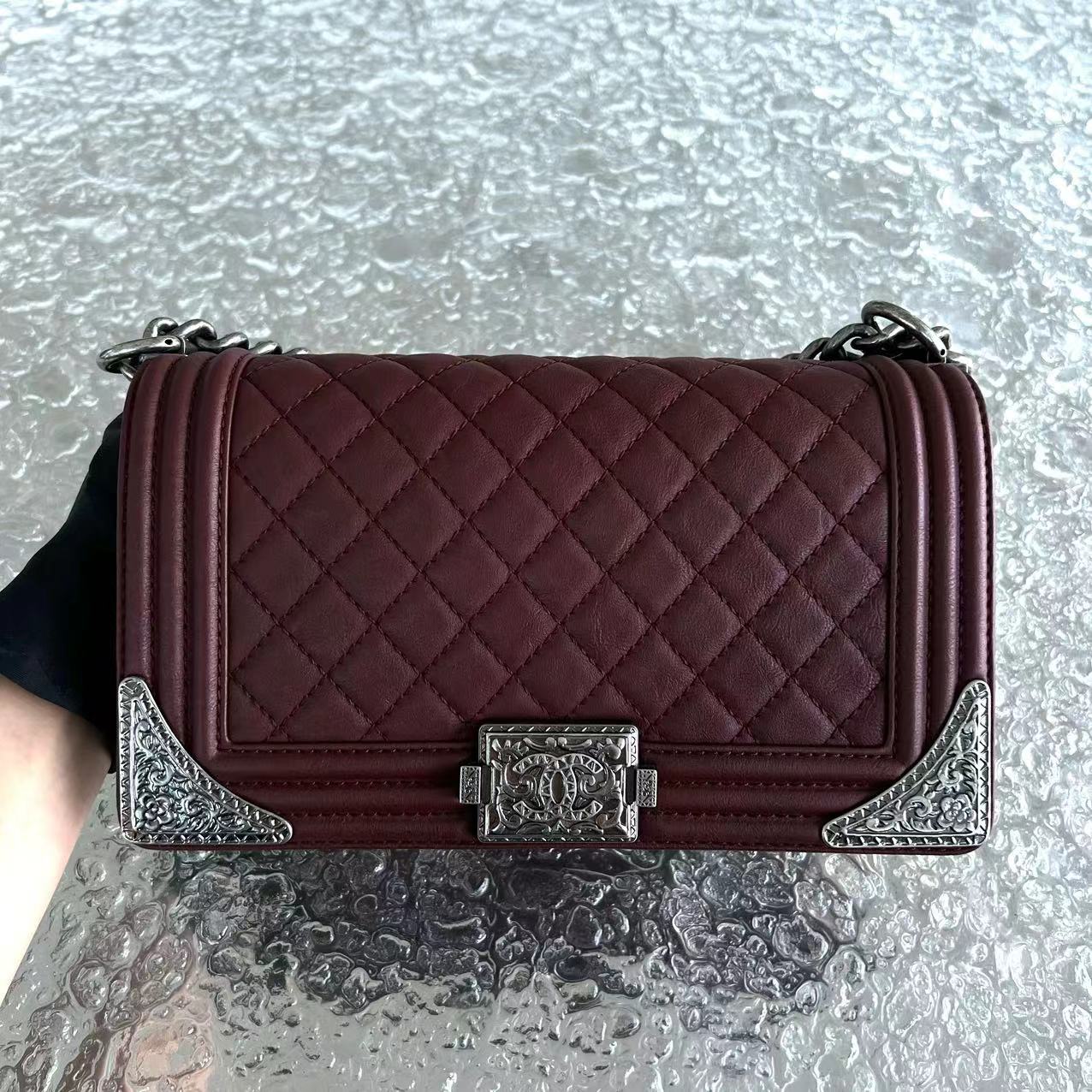 Chanel Boy Limited Edition Old Medium Quilted Grained Calfskin With Metal Edegs Burgundy Leboy RSHW No 19 - Luxury Evermore