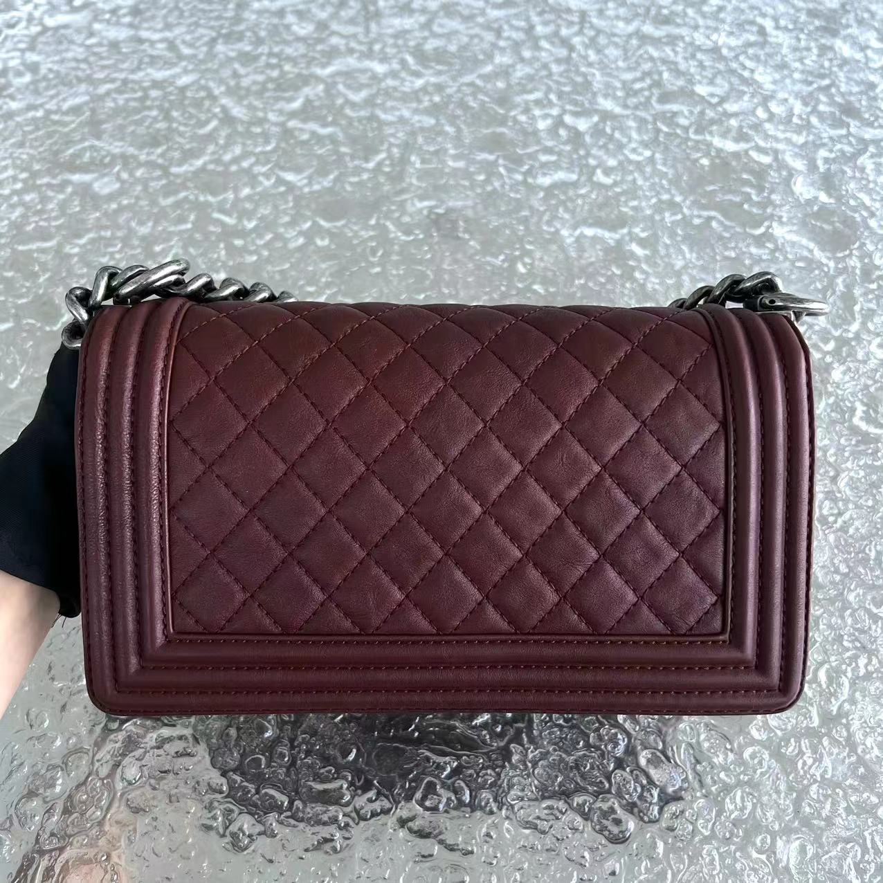 Chanel Boy Limited Edition Old Medium Quilted Grained Calfskin With Metal Edegs Burgundy Leboy RSHW No 19 - Luxury Evermore