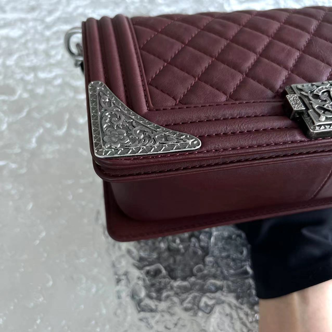 Chanel Boy Limited Edition Old Medium Quilted Grained Calfskin With Metal Edegs Burgundy Leboy RSHW No 19 - Luxury Evermore