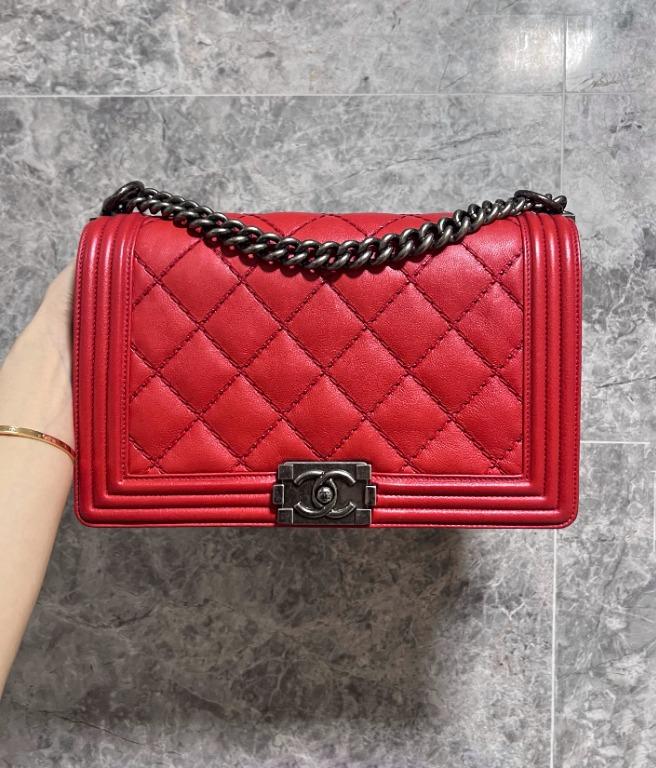 Chanel Boy Medium Red Lambskin - Luxury Evermore