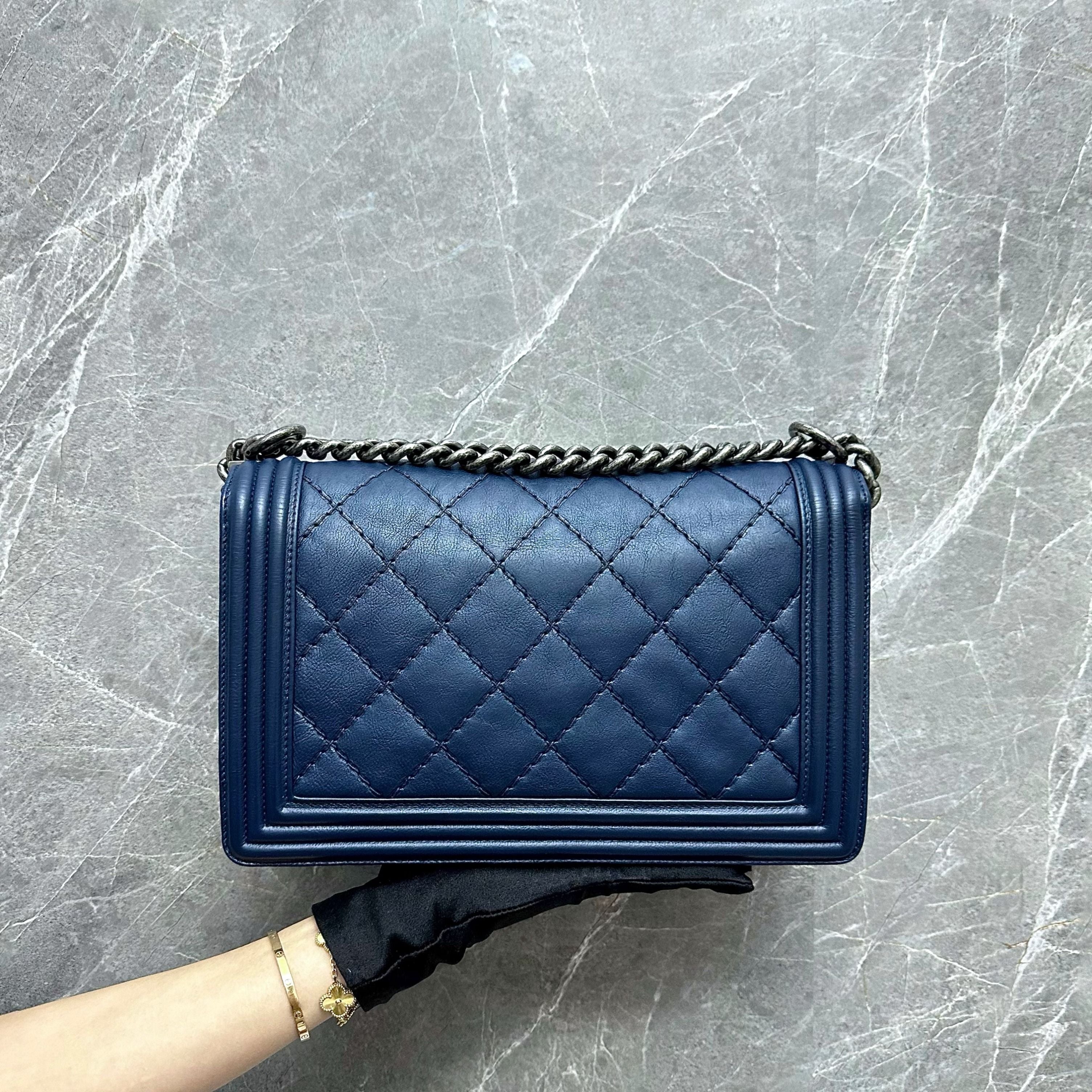 Chanel Boy New Medium 28cm Calfskin Dark Blue No 18 - Luxury Evermore