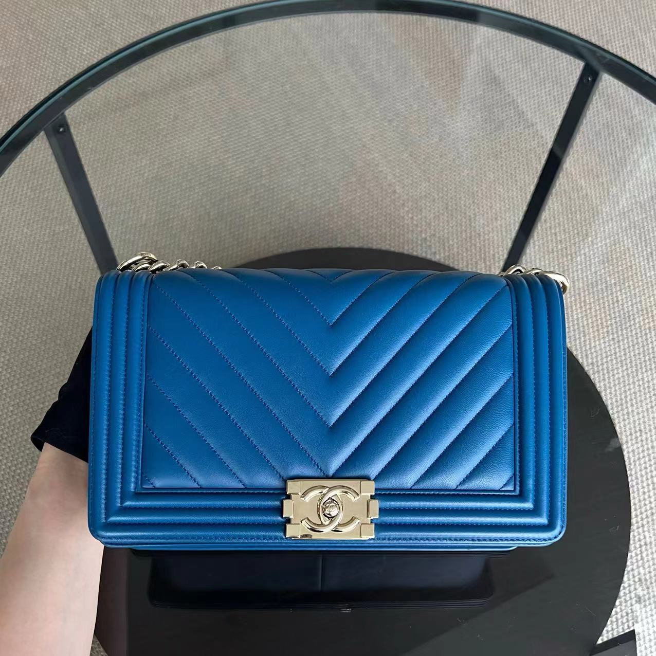 Chanel Boy New Medium 28CM Chevron Smooth Calfskin Blue Golden Hardware Series 24 - Luxury Evermore