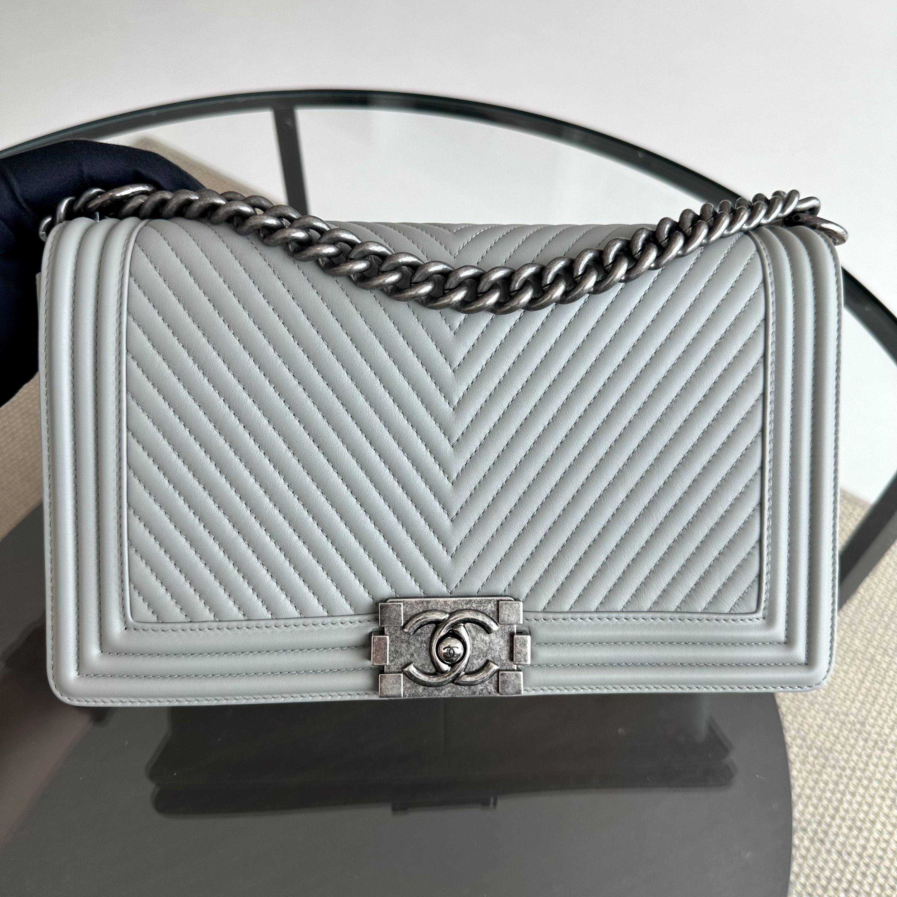 Chanel Boy New Medium 28CM Chevron Smooth Calfskin Gray Leboy RSHW No 20 - Luxury Evermore