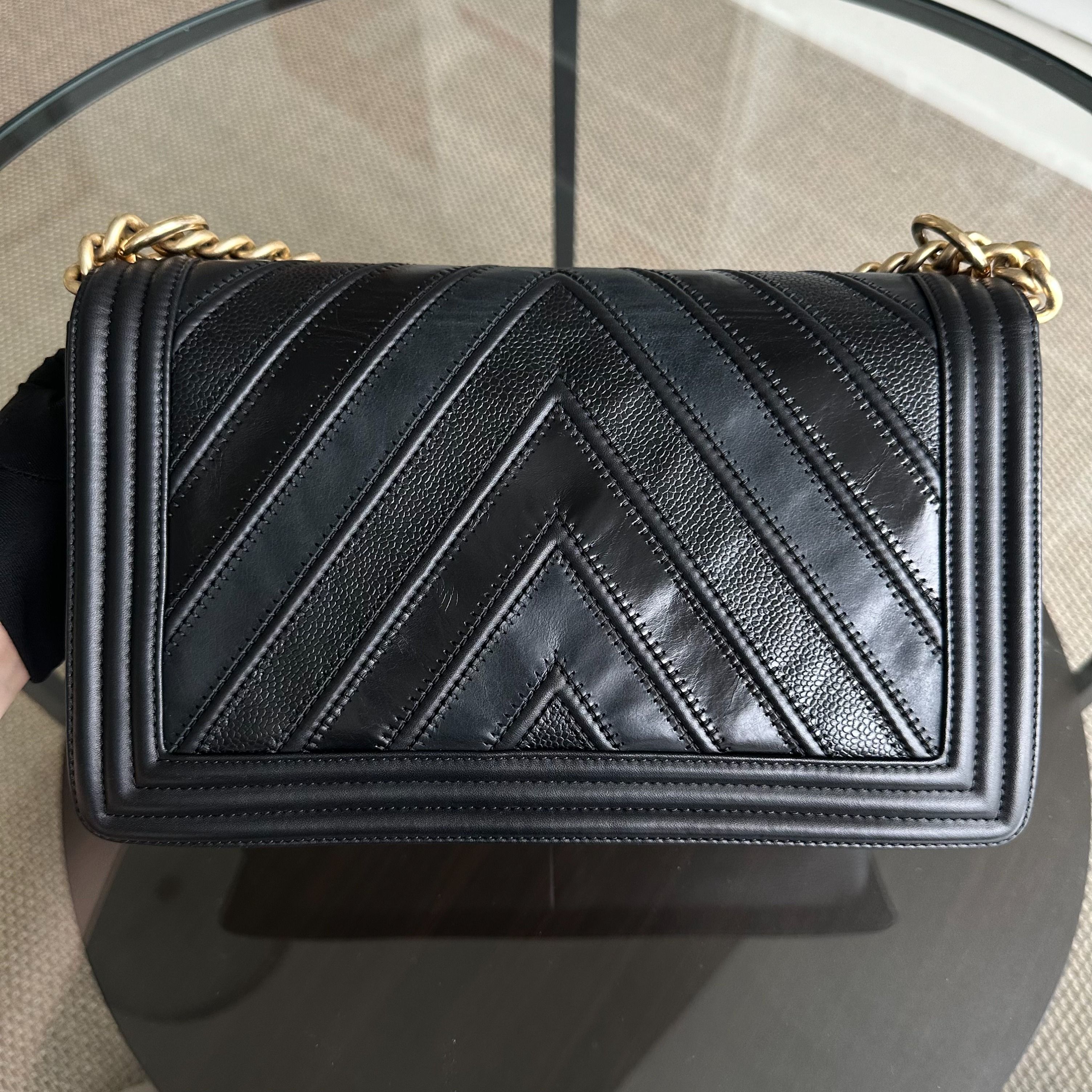 Chanel Boy New Medium 28CM Chevron Tri-skin Calfskin Black GHW No 22 - Luxury Evermore