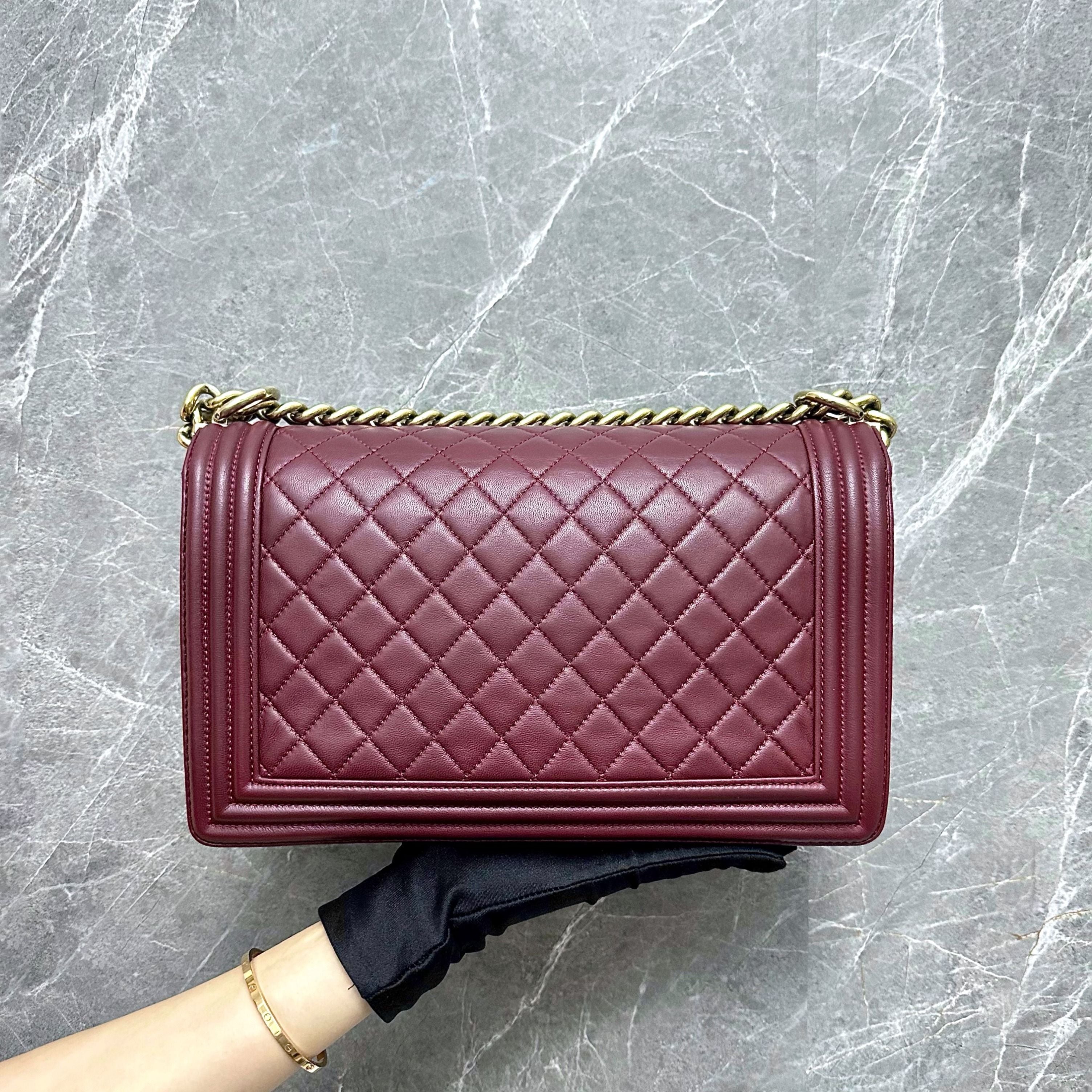 Chanel Boy New Medium 28cm Lambskin Burgundy GHW No 22 - Luxury Evermore