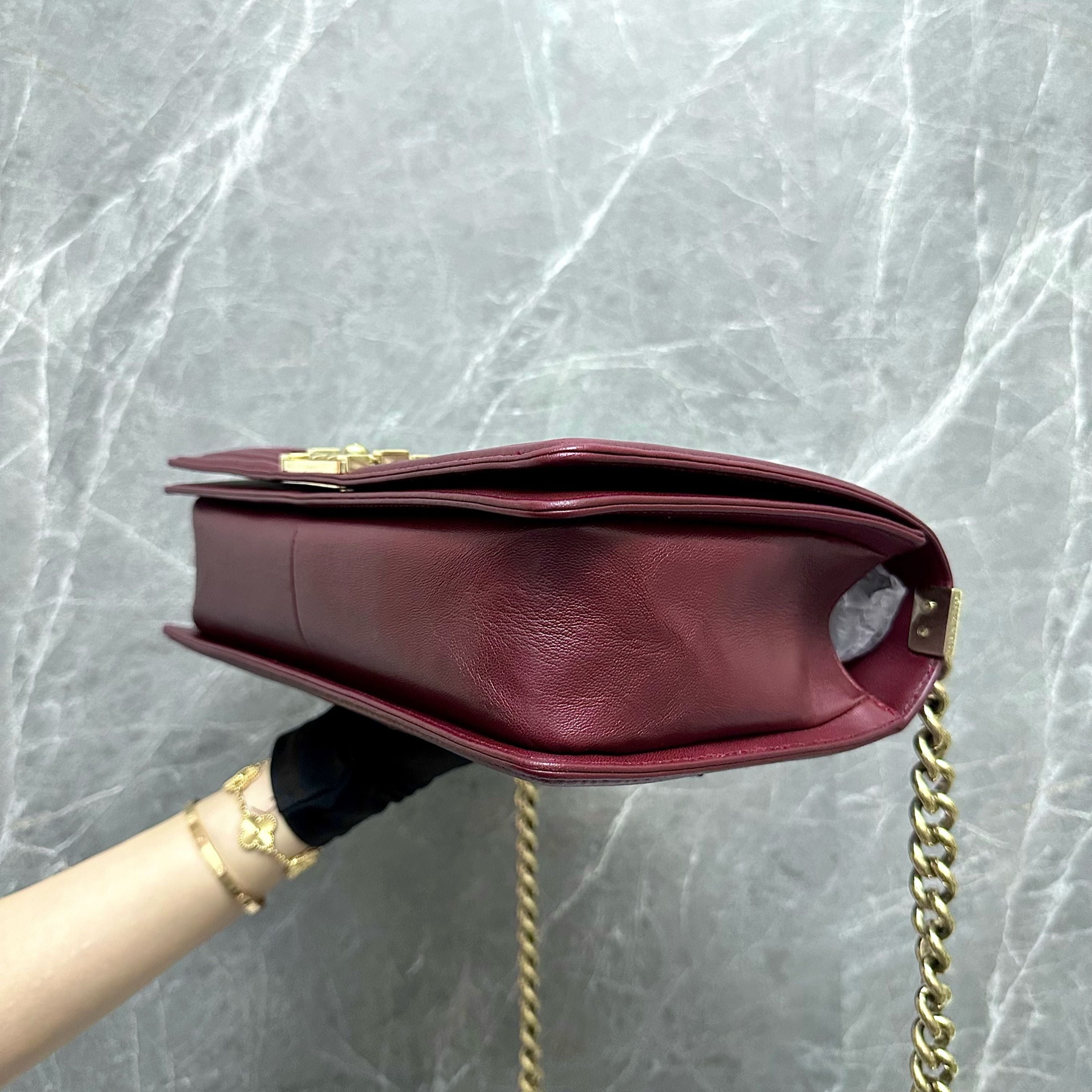 Chanel Boy New Medium 28cm Lambskin Burgundy GHW No 22 - Luxury Evermore