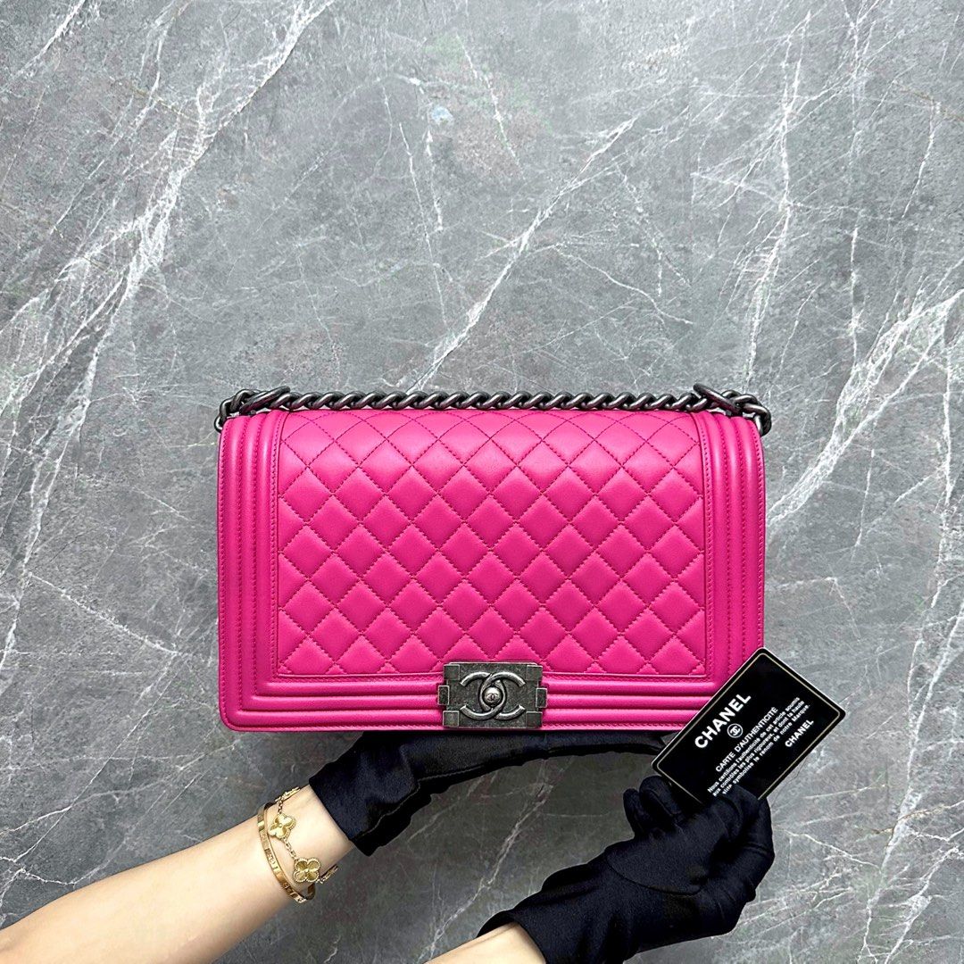 Chanel Boy New Medium 28cm Lambskin Hot Pink RSHW No 19 - Luxury Evermore