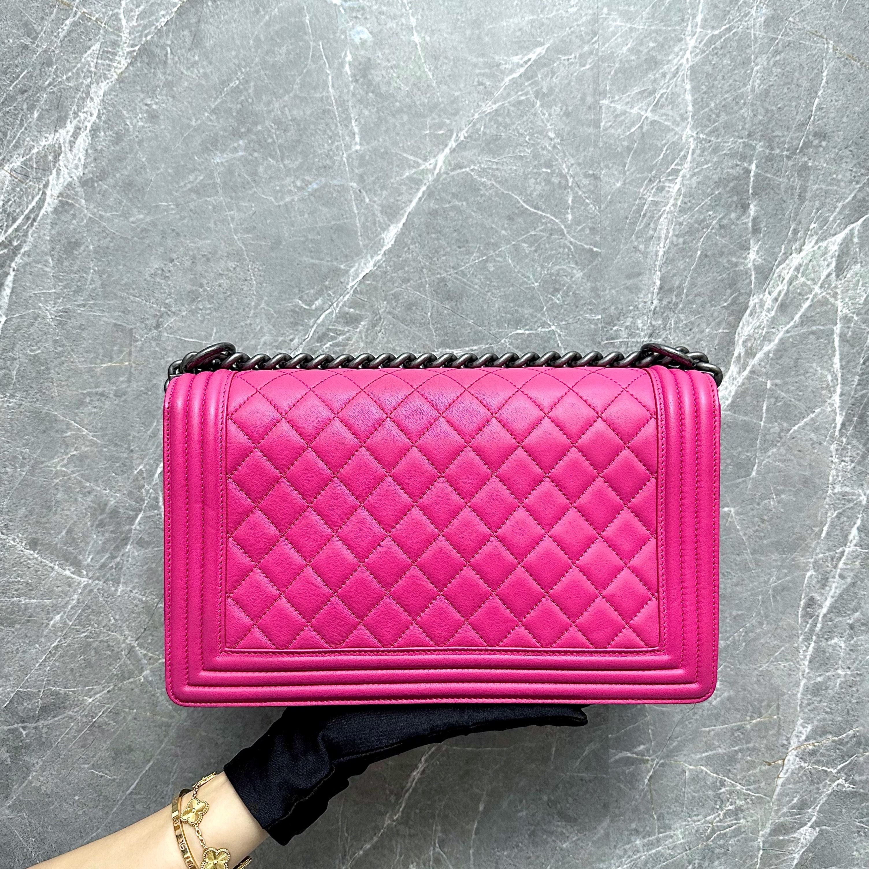 Chanel Boy New Medium 28cm Lambskin Hot Pink RSHW No 19 - Luxury Evermore