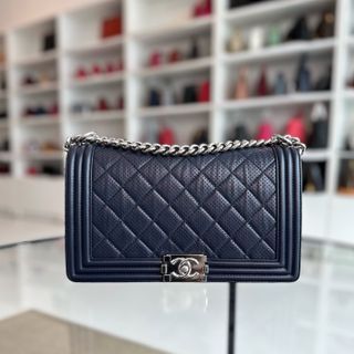 Chanel Boy New Medium 28cm Leboy Lambskin Dark Blue No 19 - Luxury Evermore