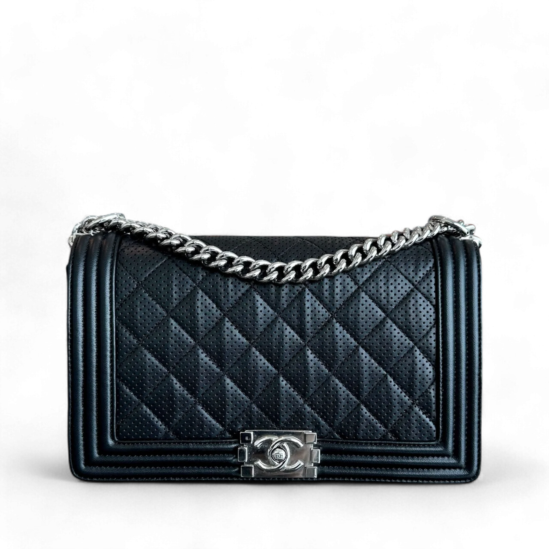 Chanel Boy Medium - 28CM Perforated Quilted Lambskin Leboy Black SHW No 19