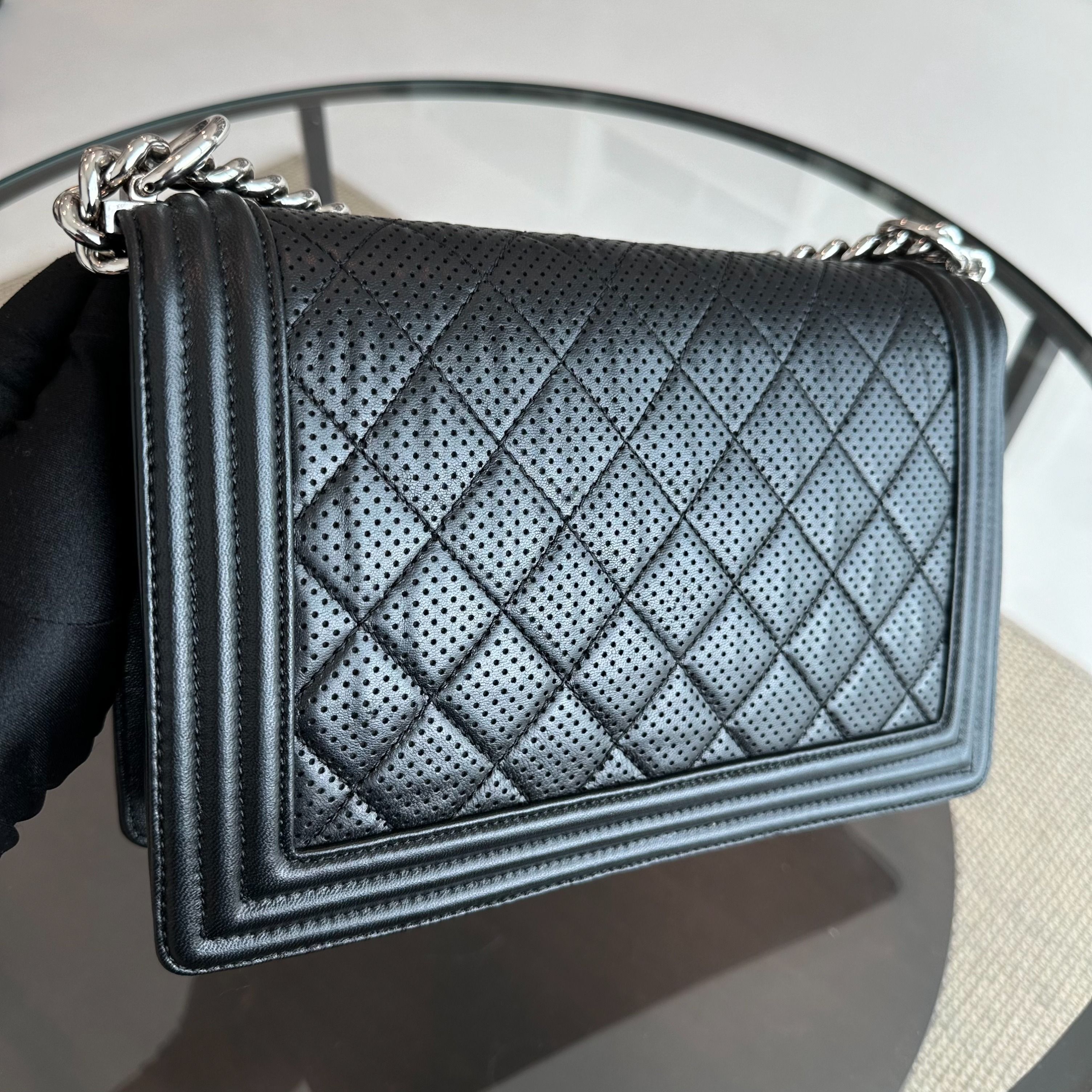 Chanel Boy New Medium 28CM Perforated Quilted Lambskin Leboy Black SHW No 19 - Luxury Evermore