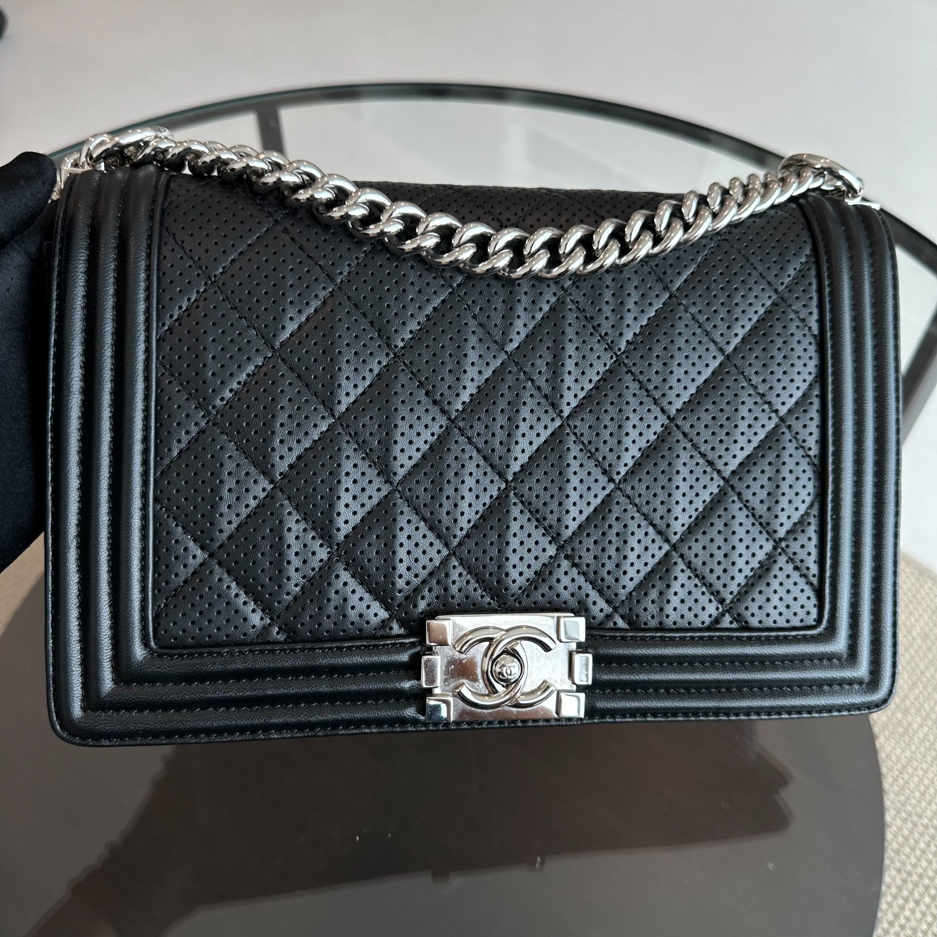 Chanel Boy New Medium 28CM Perforated Quilted Lambskin Leboy Black SHW No 19 - Luxury Evermore