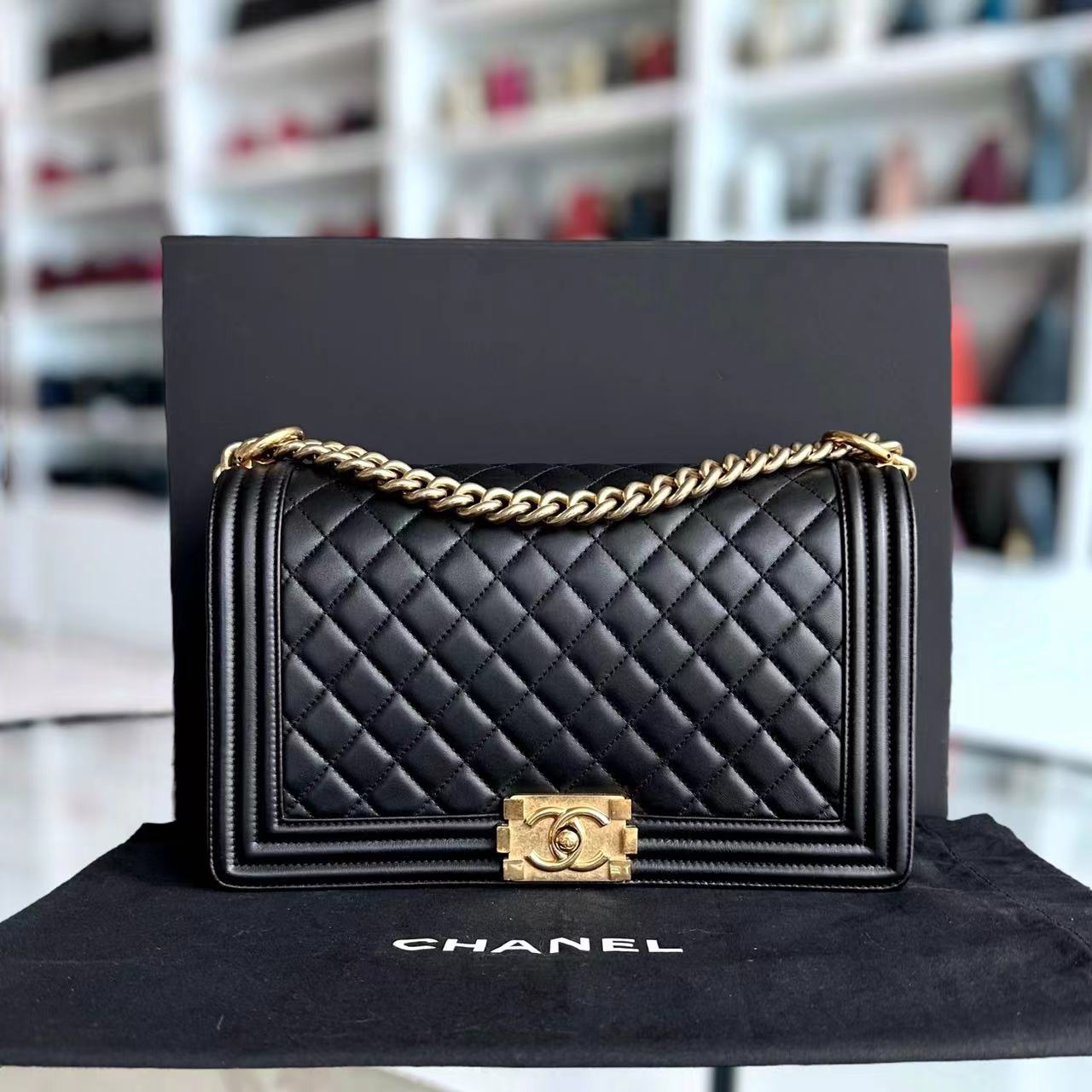 Chanel Boy New Medium 28CM Quilted Lambskin Black Leboy Golden Hardware Series 23 - Luxury Evermore