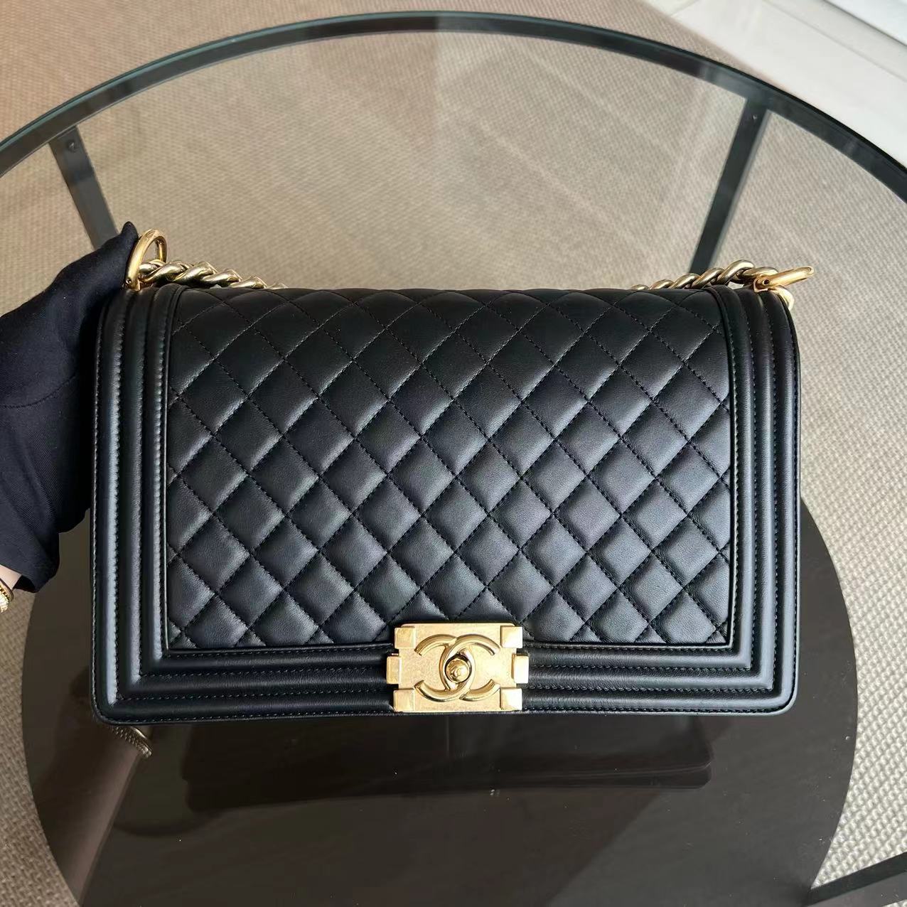 Chanel Boy New Medium 28CM Quilted Lambskin Black Leboy Golden Hardware Series 23 - Luxury Evermore