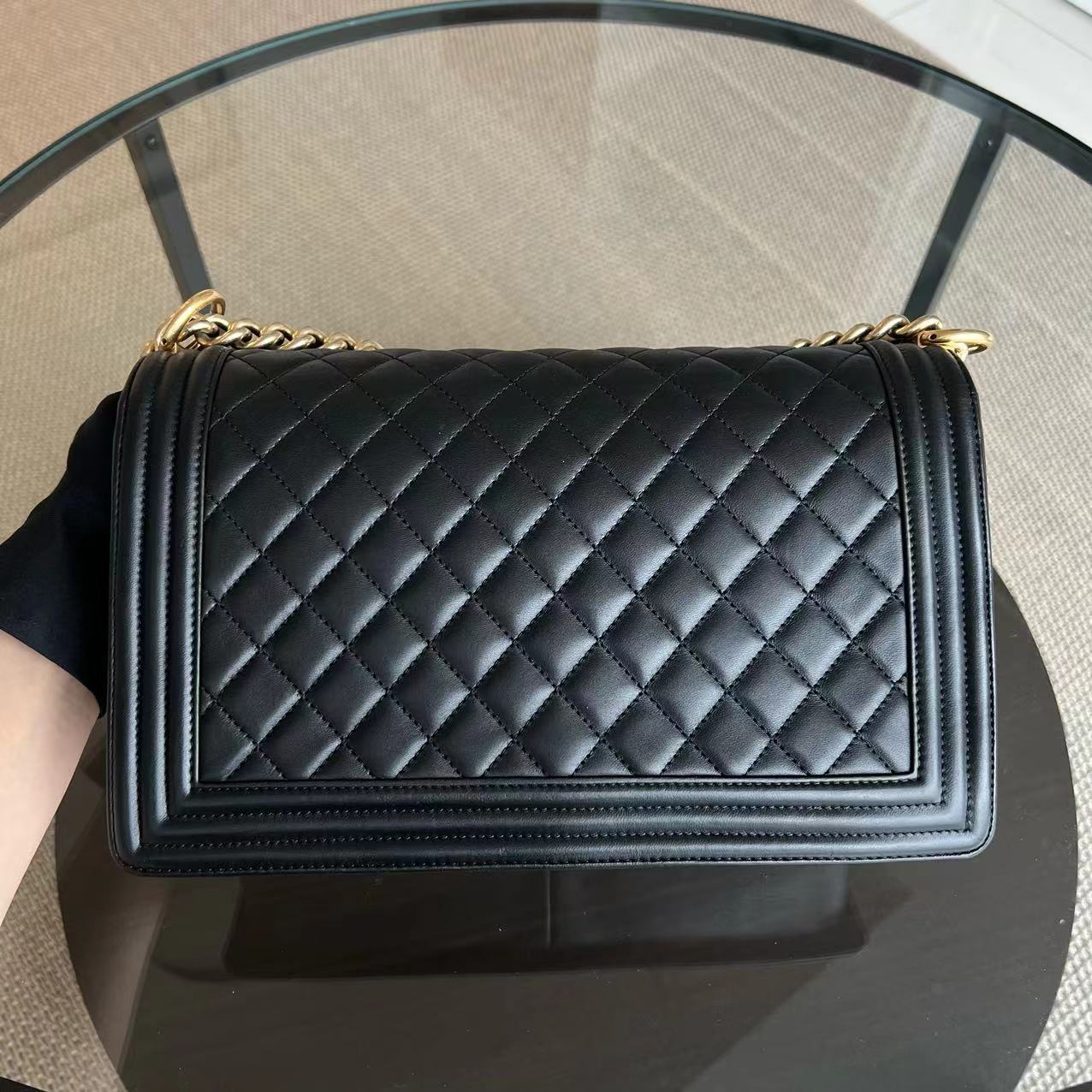 Chanel Boy New Medium 28CM Quilted Lambskin Black Leboy Golden Hardware Series 23 - Luxury Evermore