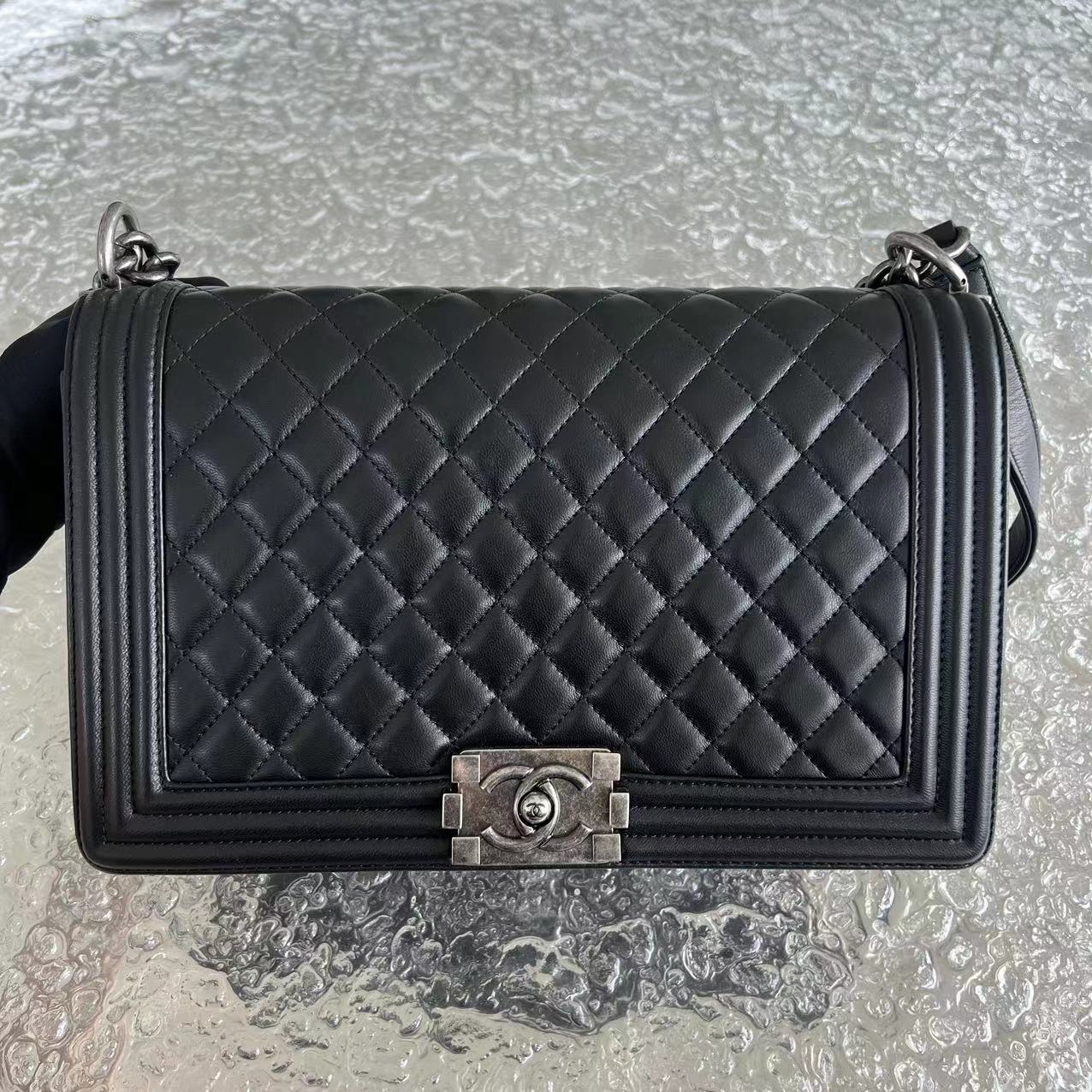 Chanel Boy New Medium 28CM Quilted Lambskin Black Silver Hardware Series 24 - Luxury Evermore