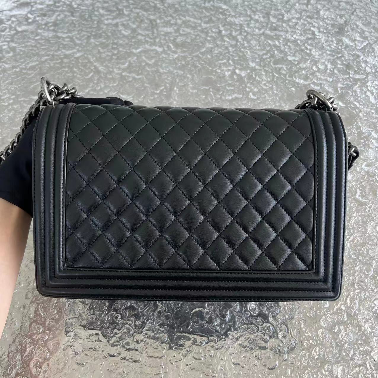 Chanel Boy New Medium 28CM Quilted Lambskin Black Silver Hardware Series 24 - Luxury Evermore