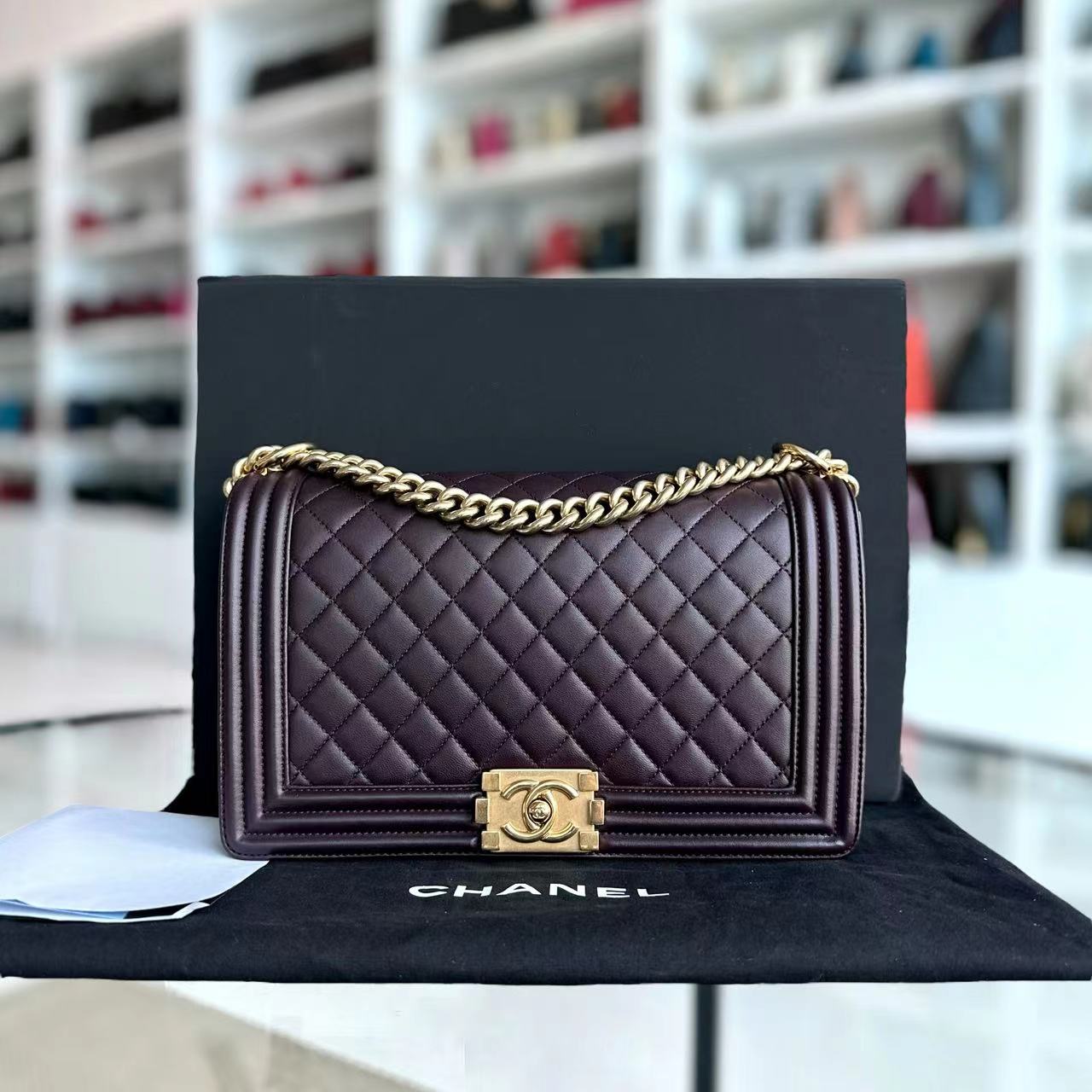 Chanel Boy New Medium 28CM Quilted Lambskin Dark Purple Burgundy Golden Hardware Series 23 - Luxury Evermore