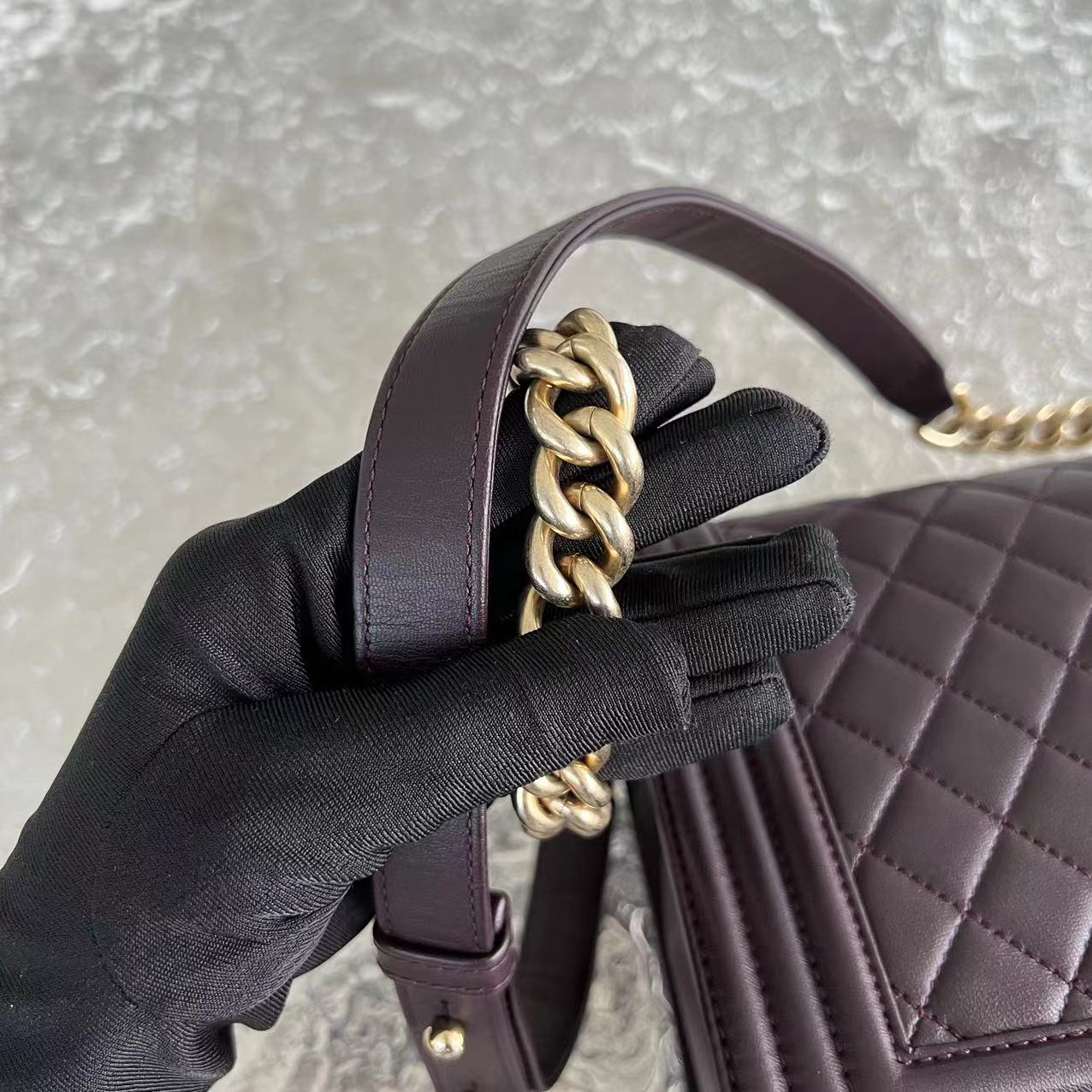 Chanel Boy New Medium 28CM Quilted Lambskin Dark Purple Burgundy Golden Hardware Series 23 - Luxury Evermore