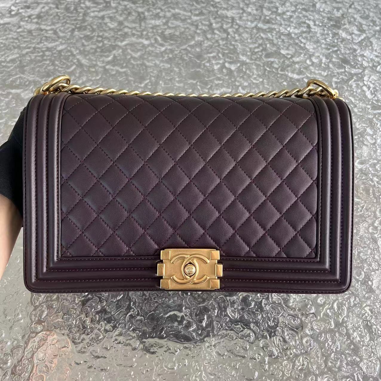 Chanel Boy New Medium 28CM Quilted Lambskin Dark Purple Burgundy Golden Hardware Series 23 - Luxury Evermore