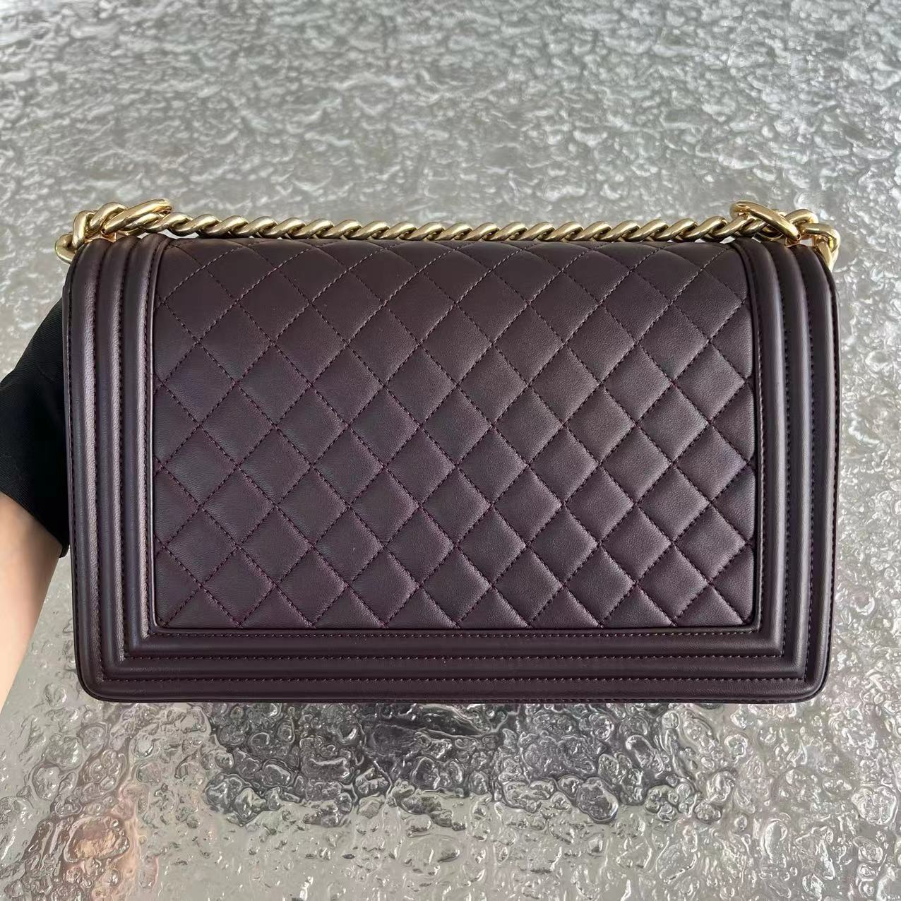 Chanel Boy New Medium 28CM Quilted Lambskin Dark Purple Burgundy Golden Hardware Series 23 - Luxury Evermore