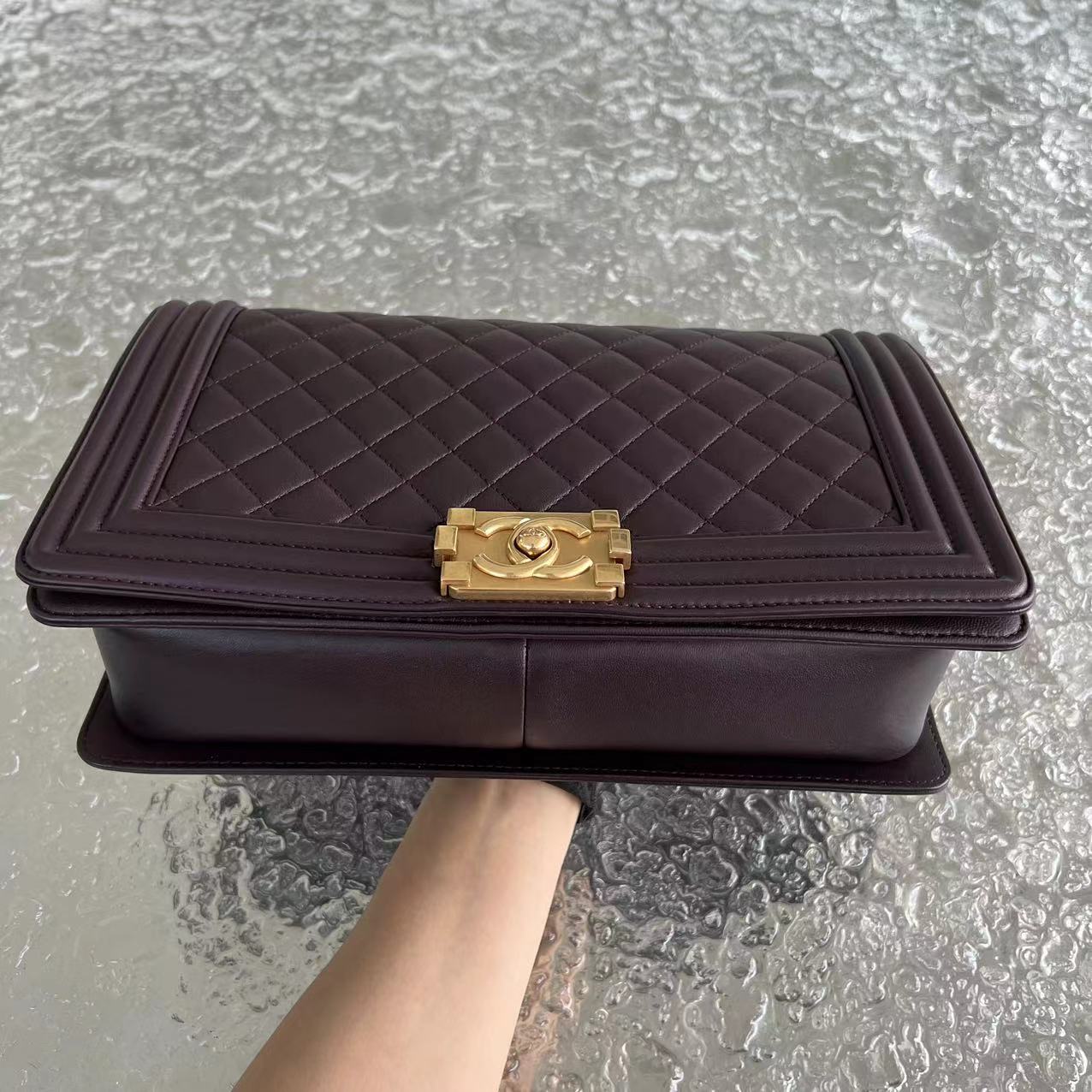 Chanel Boy New Medium 28CM Quilted Lambskin Dark Purple Burgundy Golden Hardware Series 23 - Luxury Evermore