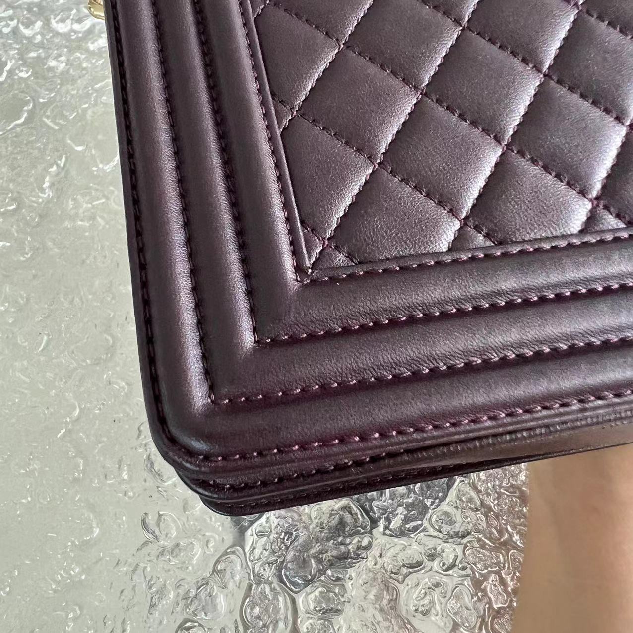 Chanel Boy New Medium 28CM Quilted Lambskin Dark Purple Burgundy Golden Hardware Series 23 - Luxury Evermore