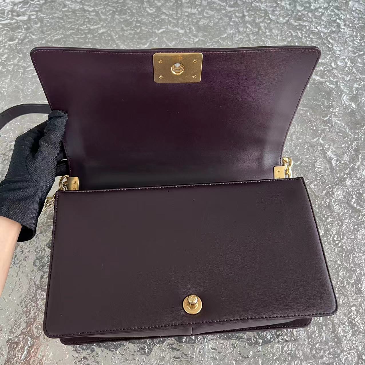 Chanel Boy New Medium 28CM Quilted Lambskin Dark Purple Burgundy Golden Hardware Series 23 - Luxury Evermore