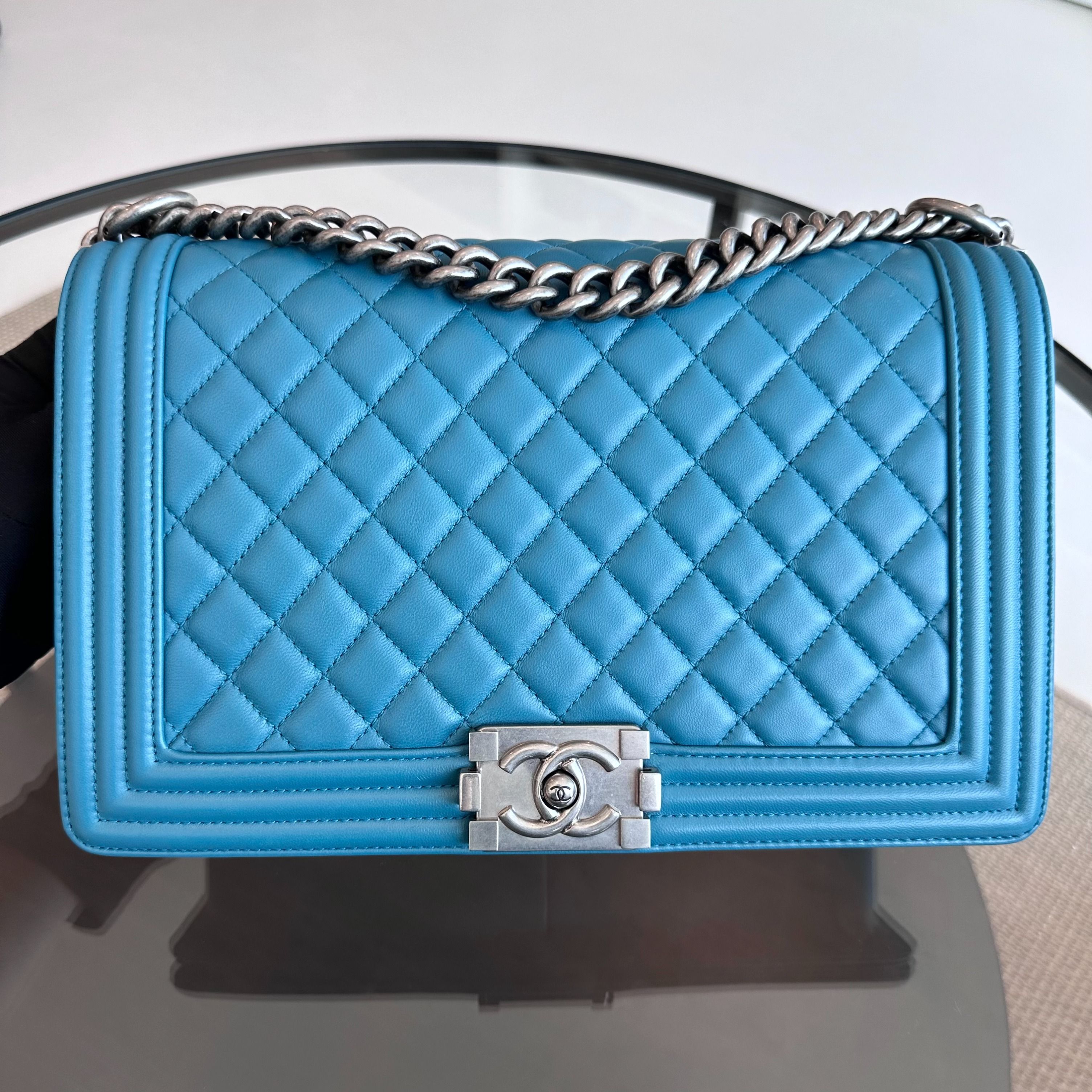 Chanel Boy New Medium 28CM Quilted Lambskin LeBoy Blue SHW No 19 - Luxury Evermore