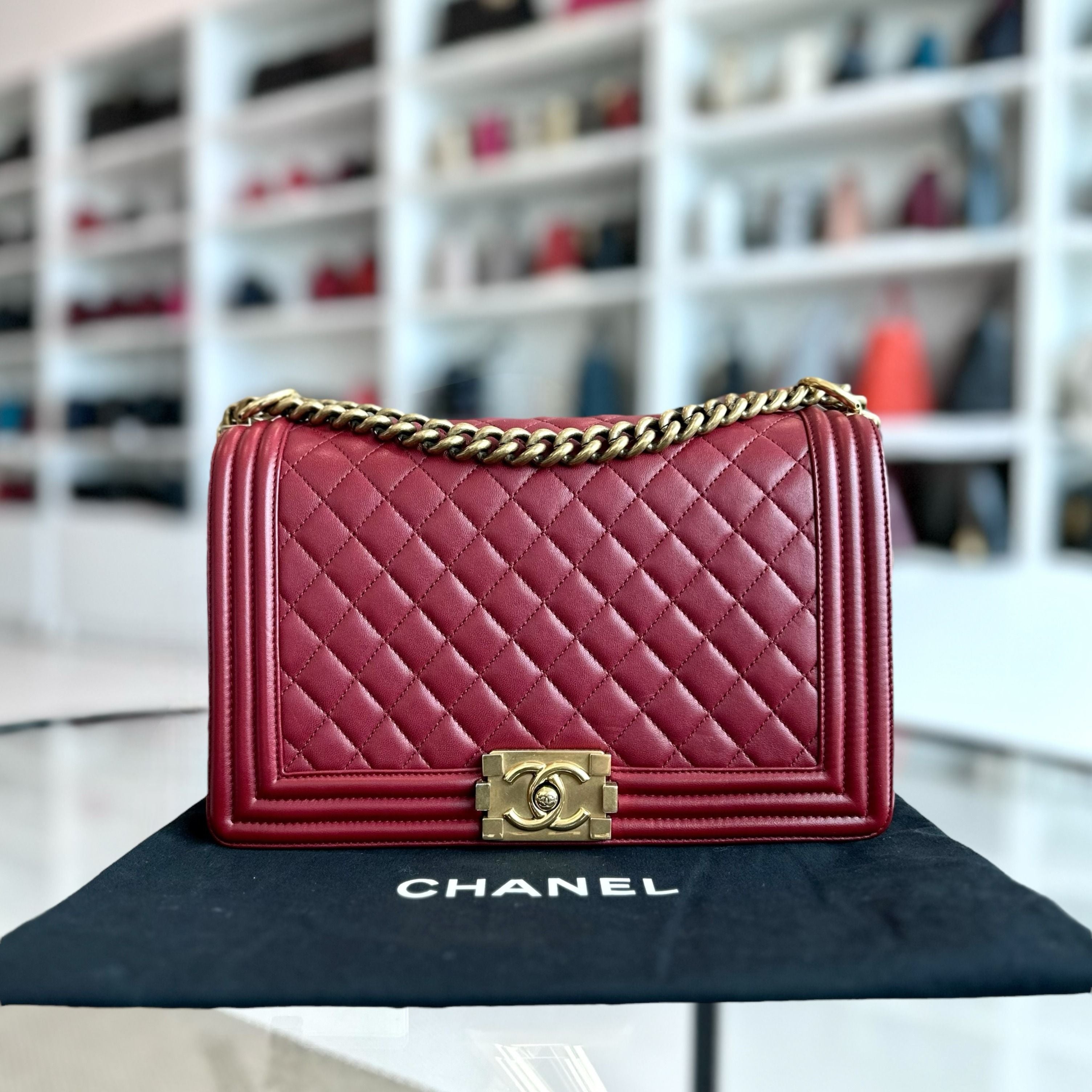 Chanel Boy New Medium 28CM Quilted Lambskin Leboy Burgundy GHW No 19 - Luxury Evermore