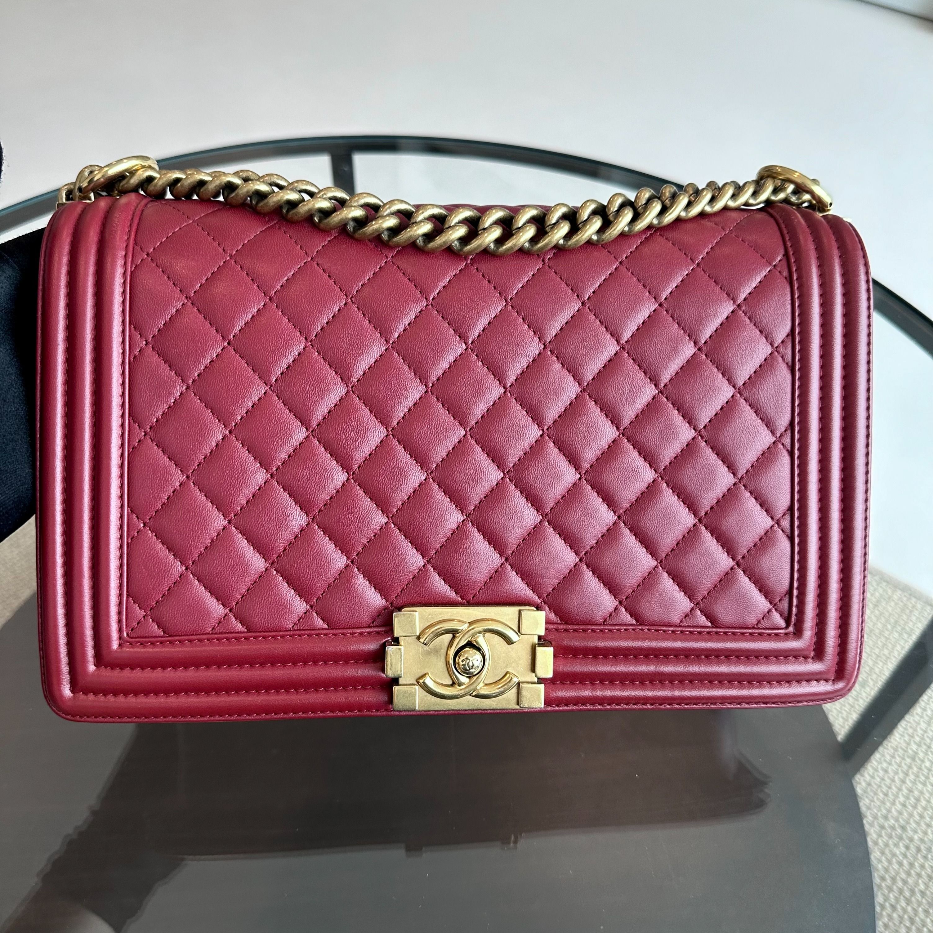 Chanel Boy New Medium 28CM Quilted Lambskin Leboy Burgundy GHW No 19 - Luxury Evermore