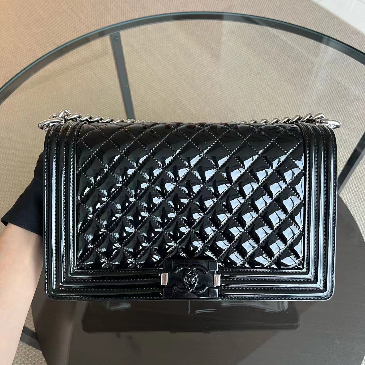 Chanel Boy New Medium 28CM Quilted Patent Calfskin Black Leboy Hardware Series 20 - Luxury Evermore