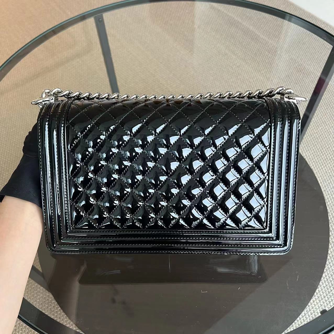 Chanel Boy New Medium 28CM Quilted Patent Calfskin Black Leboy Hardware Series 20 - Luxury Evermore