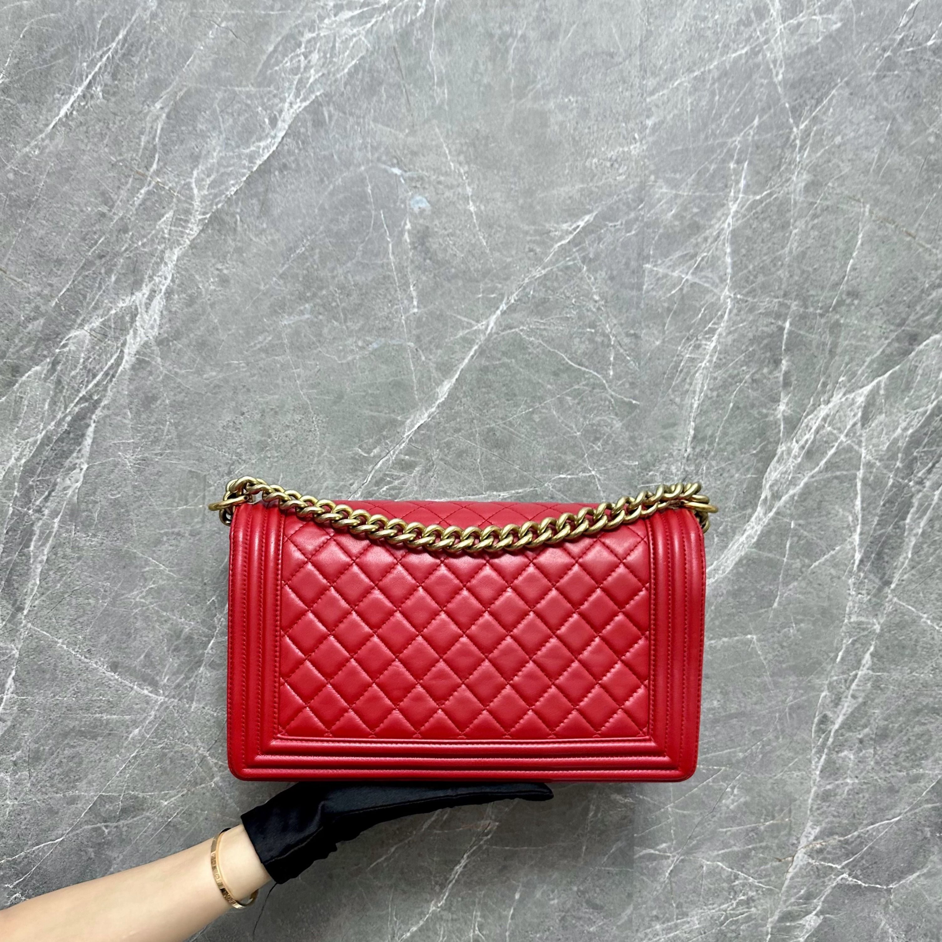 Chanel Boy New Medium Lambskin Red GHW No 21 - Luxury Evermore