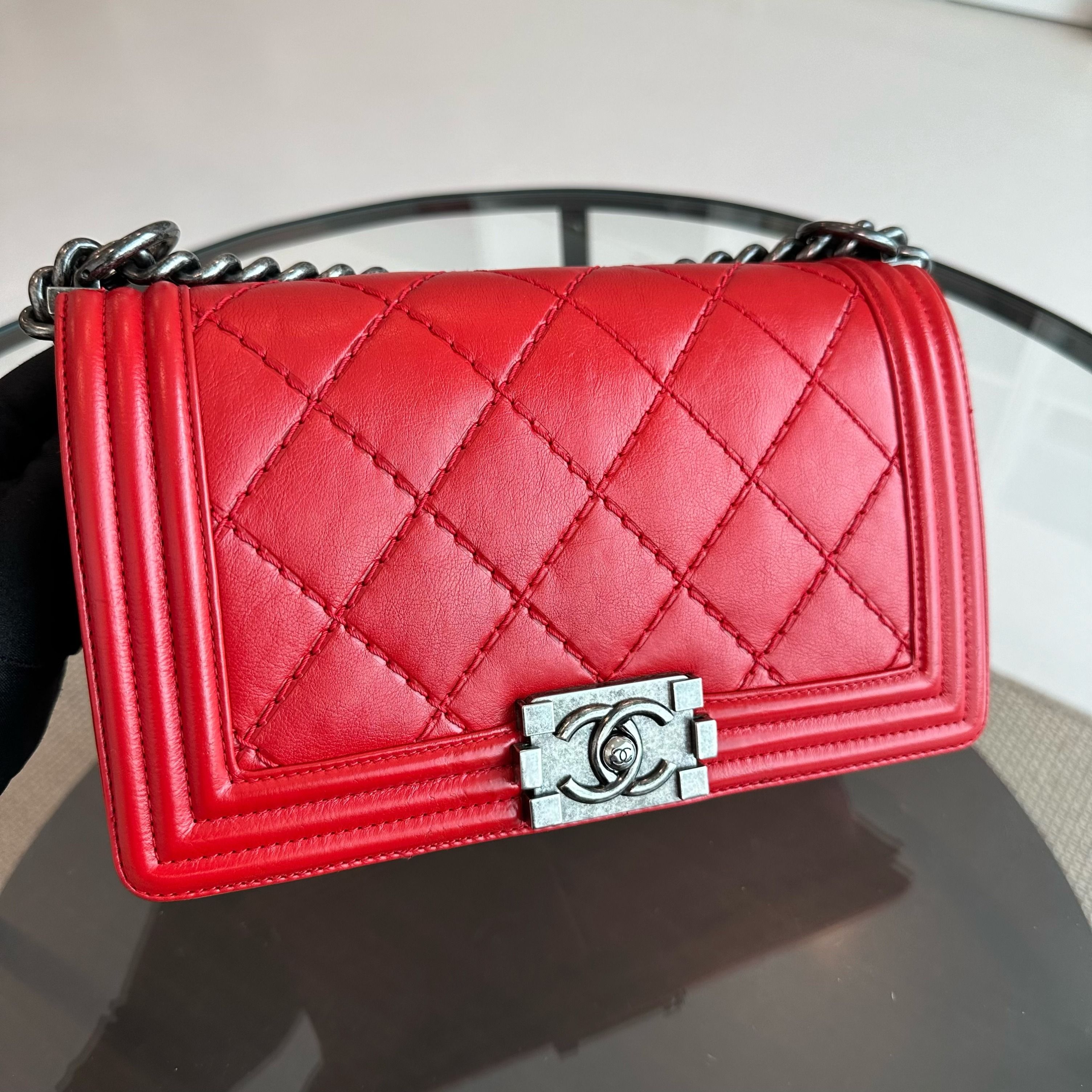 Chanel Boy Old Medium 25cm Calfskin Red RSHW No 1 - Luxury Evermore