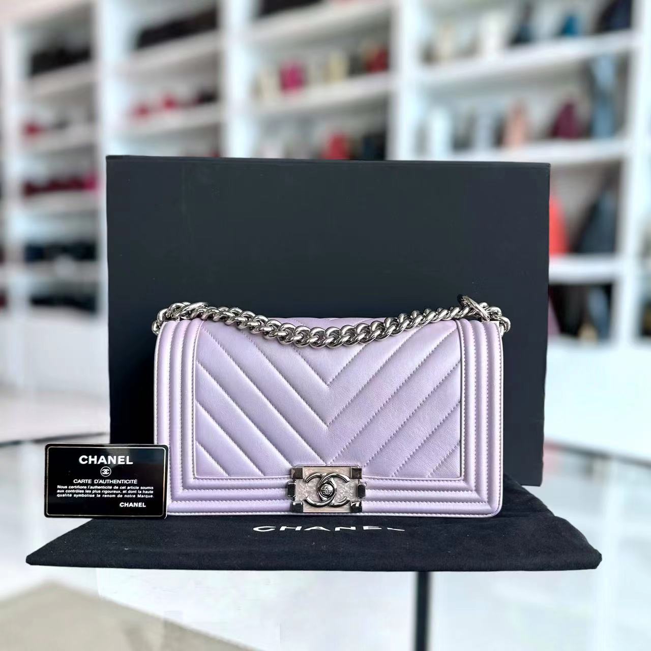 Chanel Boy Old Medium 25CM Chevron Calfskin Iridescent Pink Light Golden Hardware Series 25 - Luxury Evermore