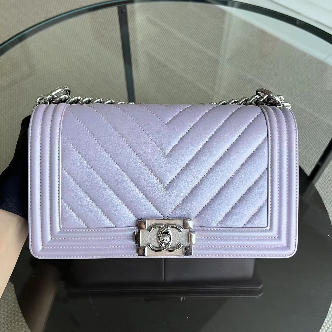 Chanel Boy Old Medium 25CM Chevron Calfskin Iridescent Pink Light Golden Hardware Series 25 - Luxury Evermore